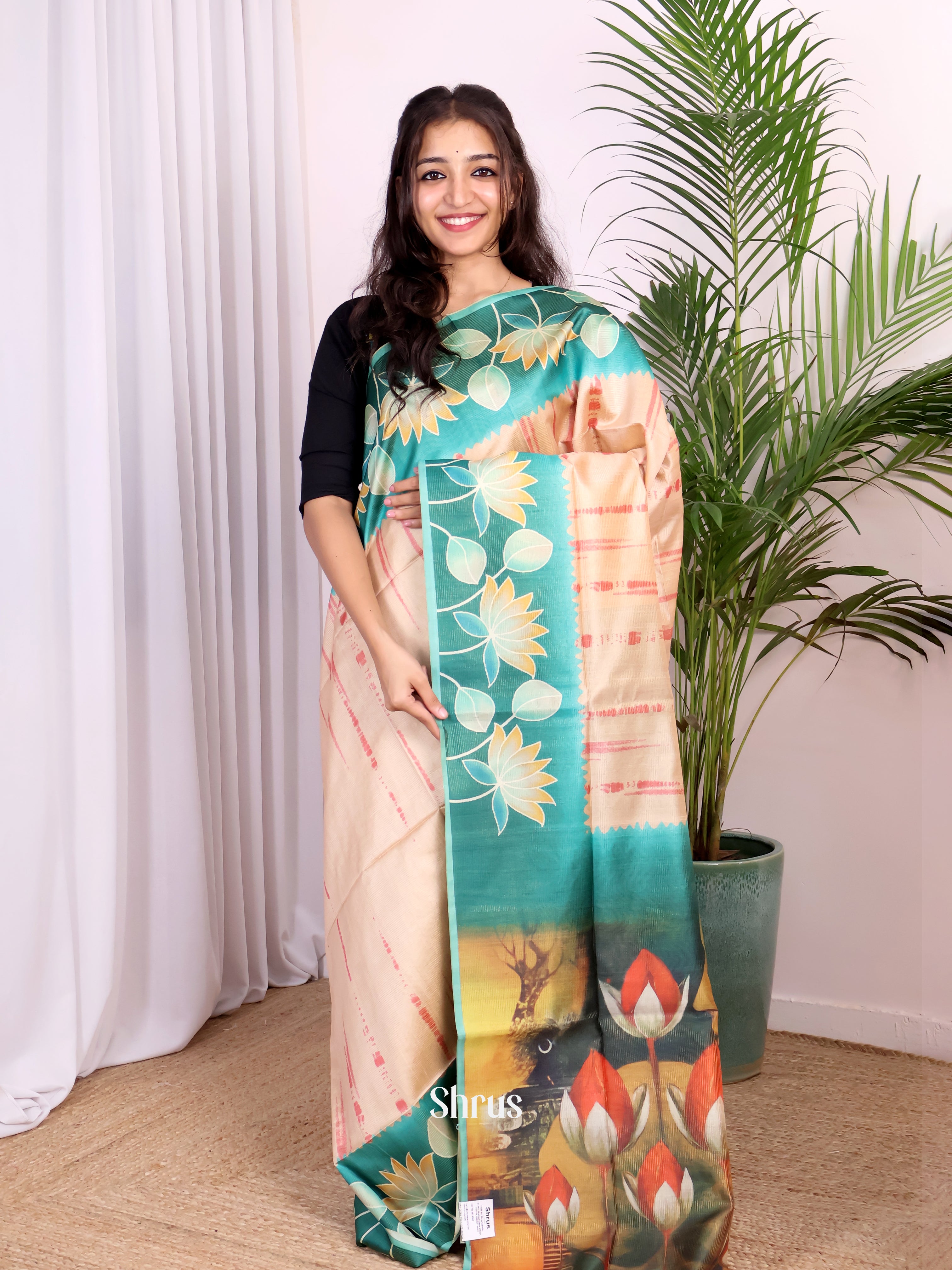 Cream & Green - Champa semitussar Saree - Shop on Shrus.com