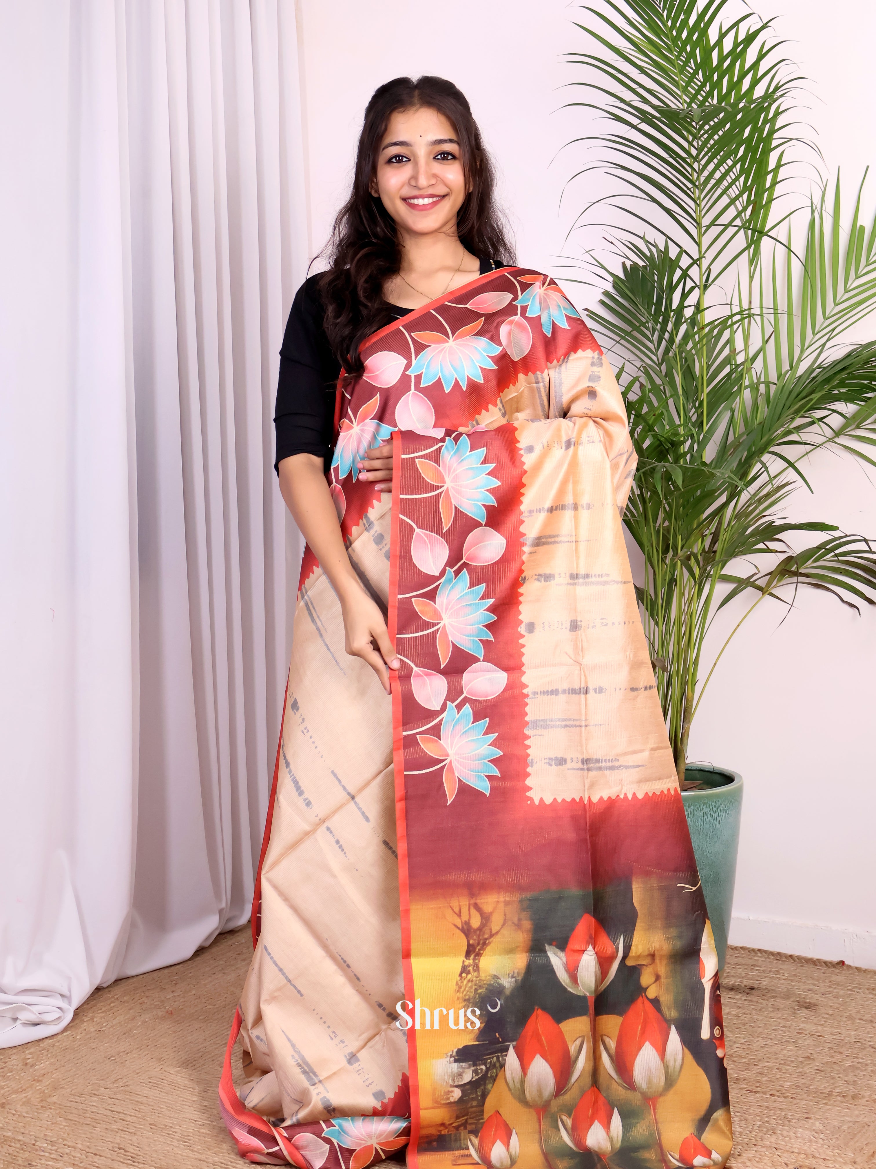 Cream & Brown - Champa semitussar Saree - Shop on Shrus.com