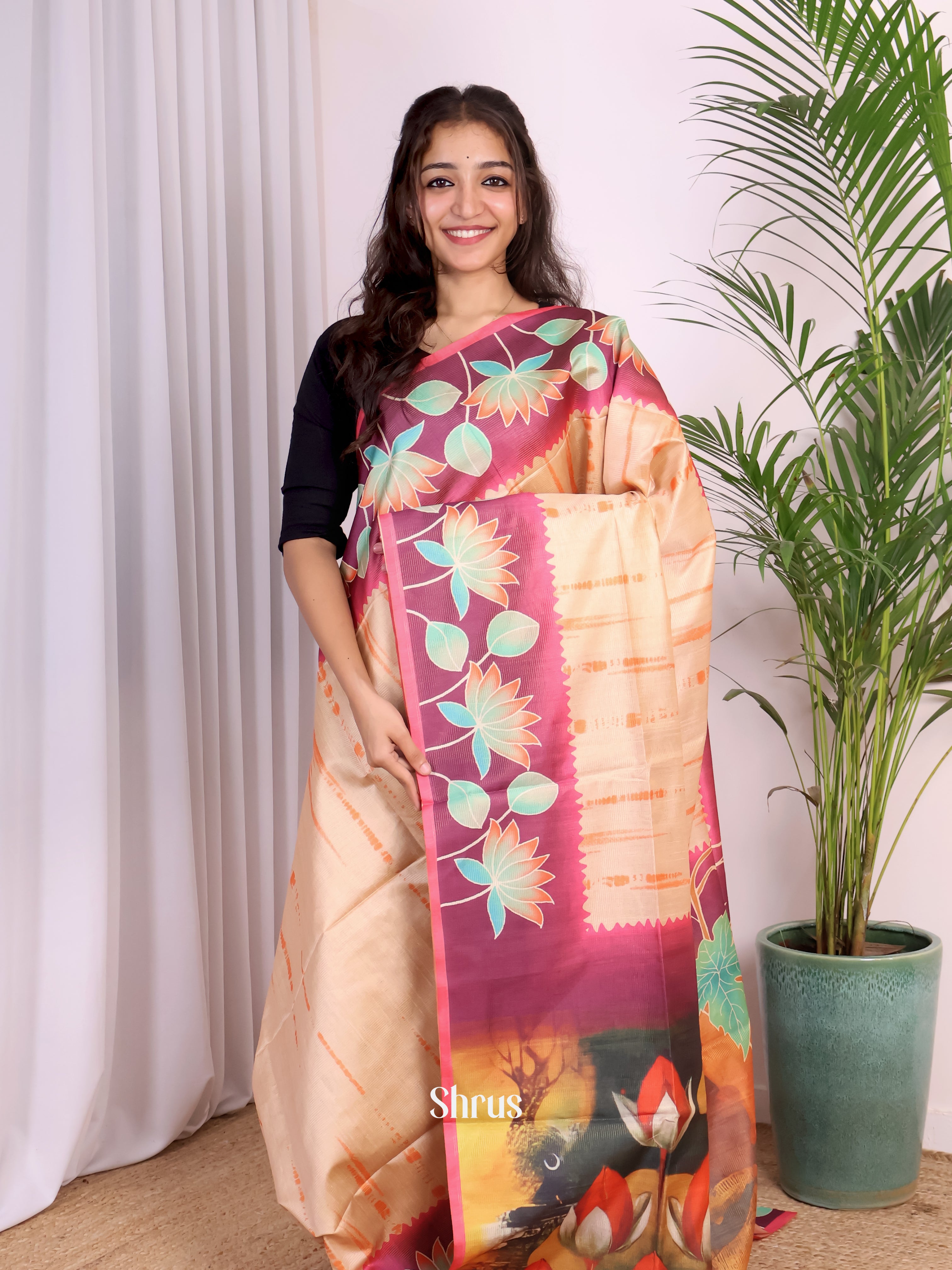 Beige & Maroon - Champa semitussar Saree - Shop on Shrus.com