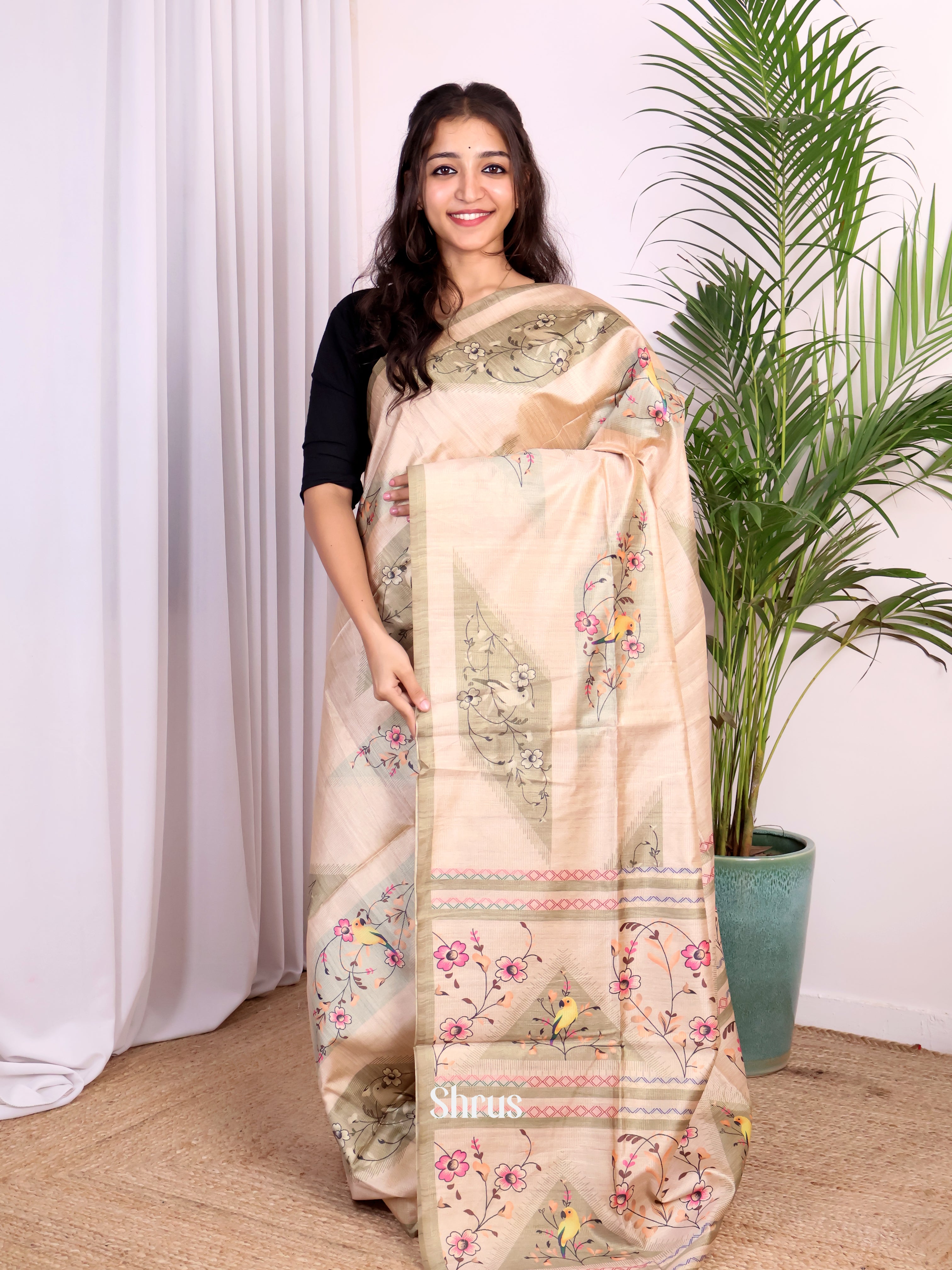 Cream & Green - Champa semitussar Saree - Shop on Shrus.com