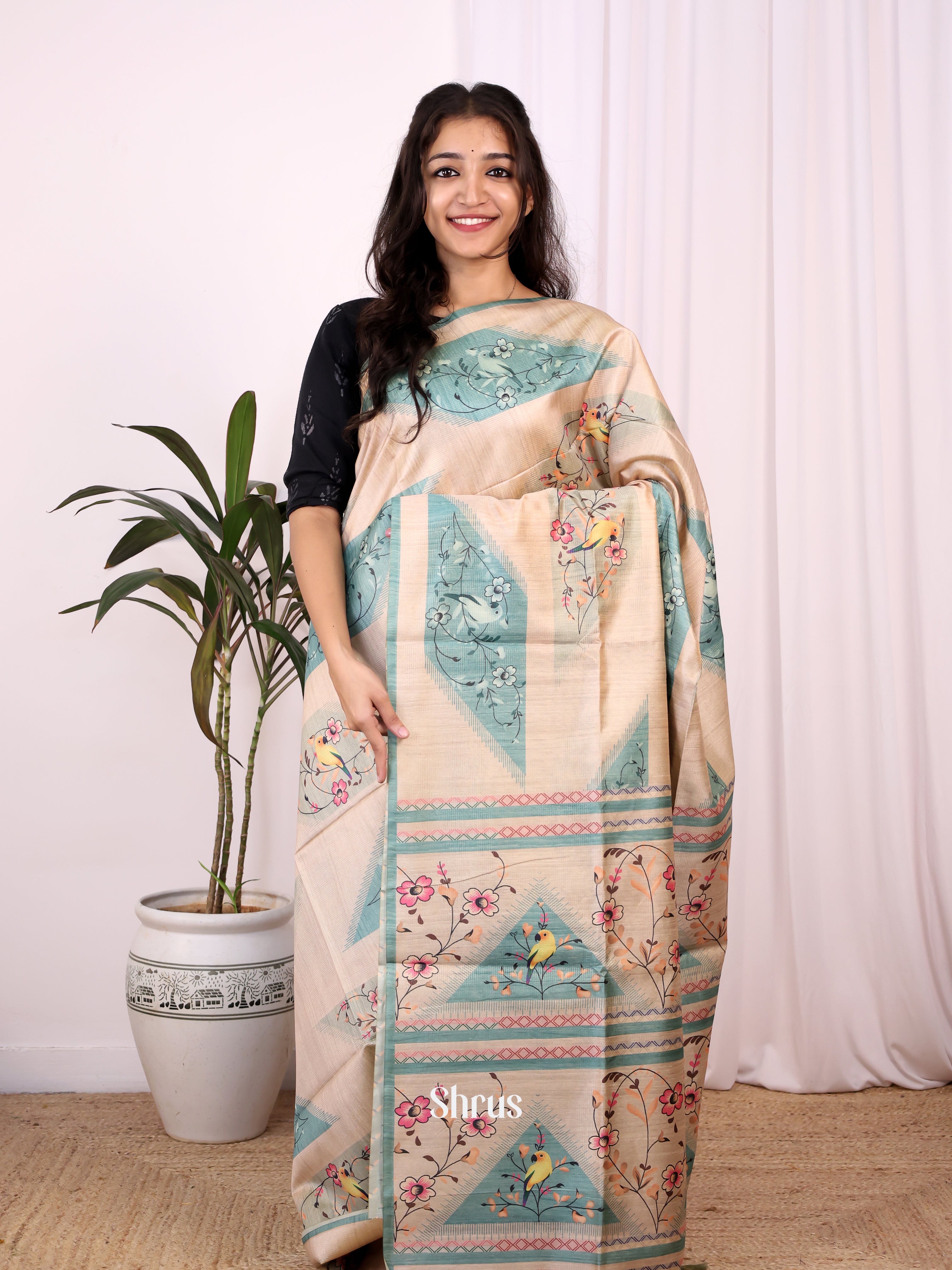 Cream & Blue - Champa semitussar Saree - Shop on Shrus.com