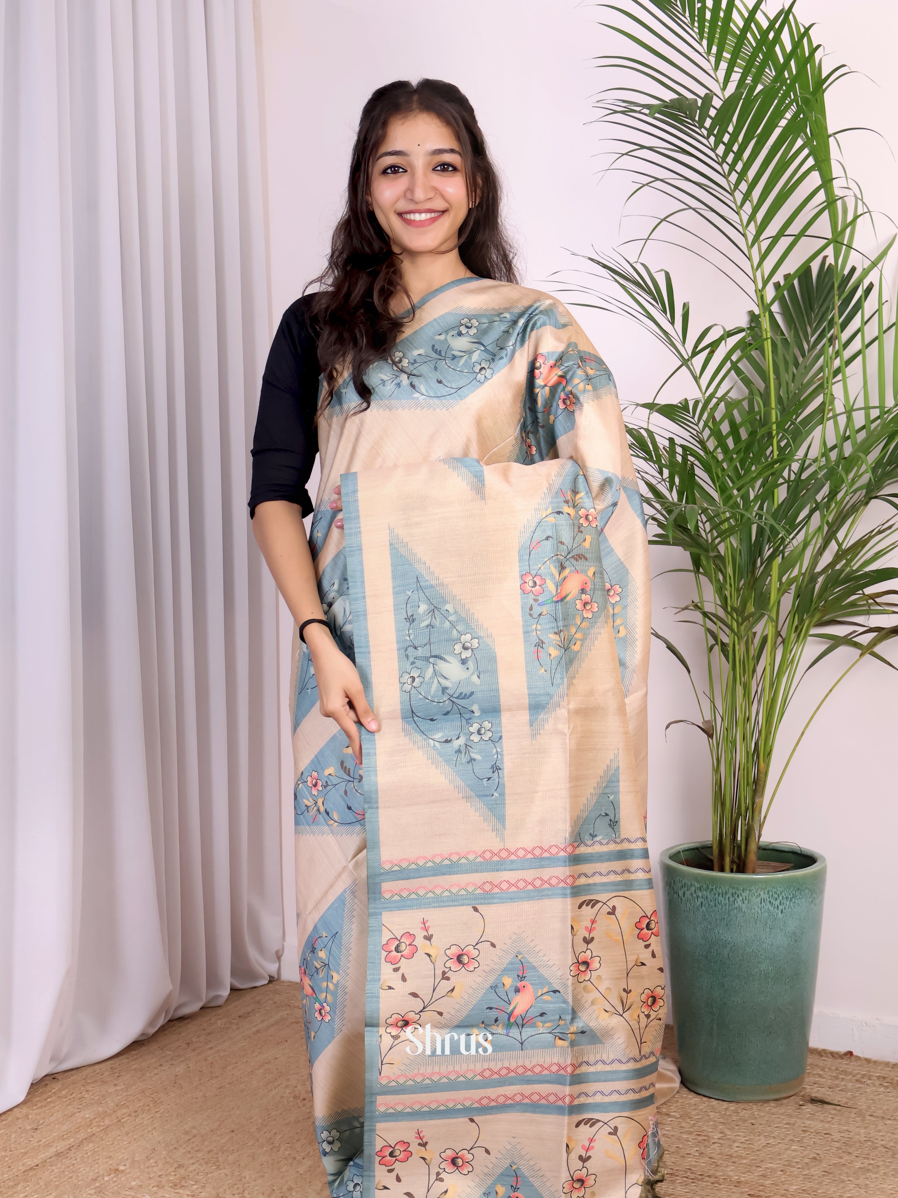 Cream & Blue - Champa semitussar Saree - Shop on Shrus.com