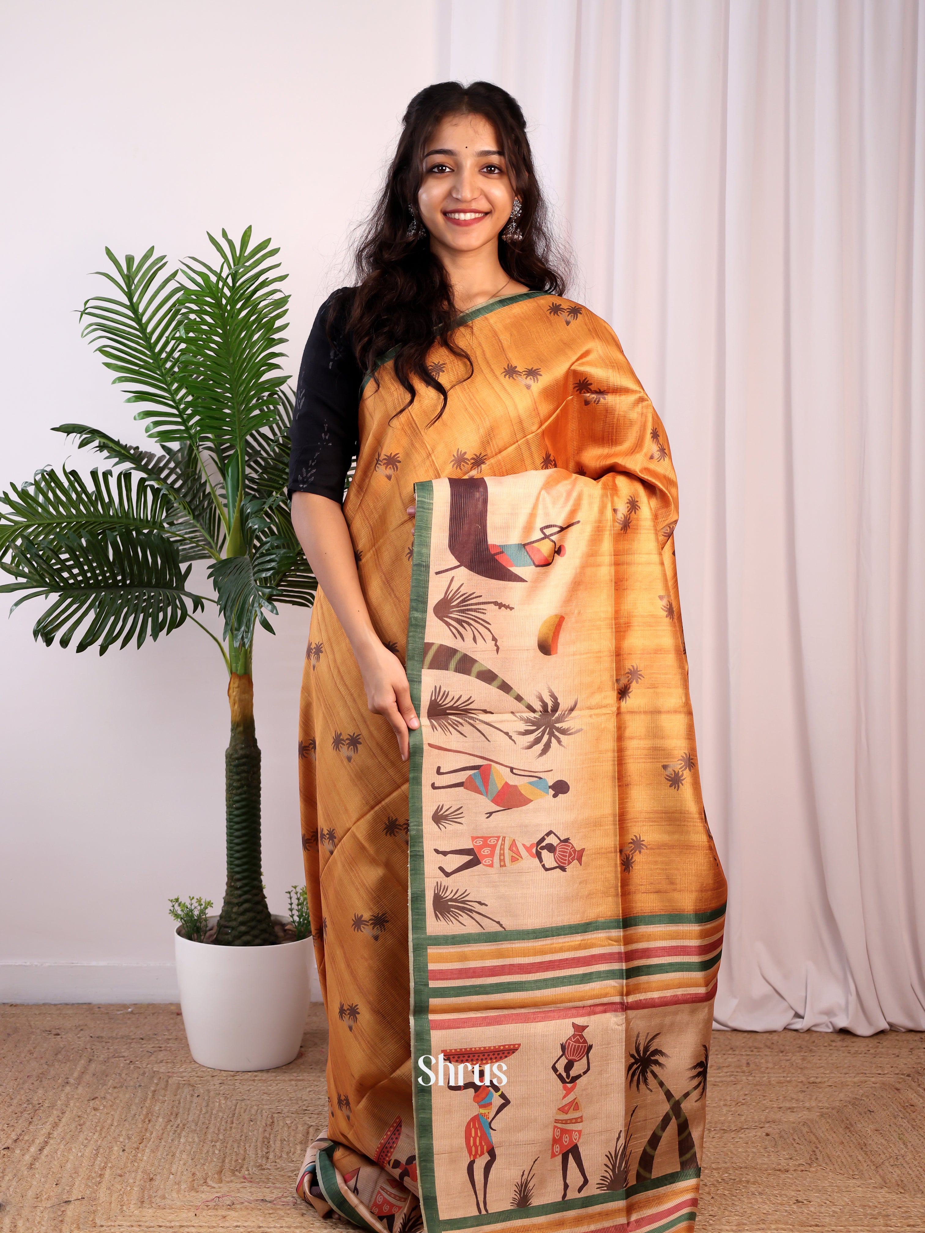 Mustard & Green- Champa semitussar Saree - Shop on Shrus.com
