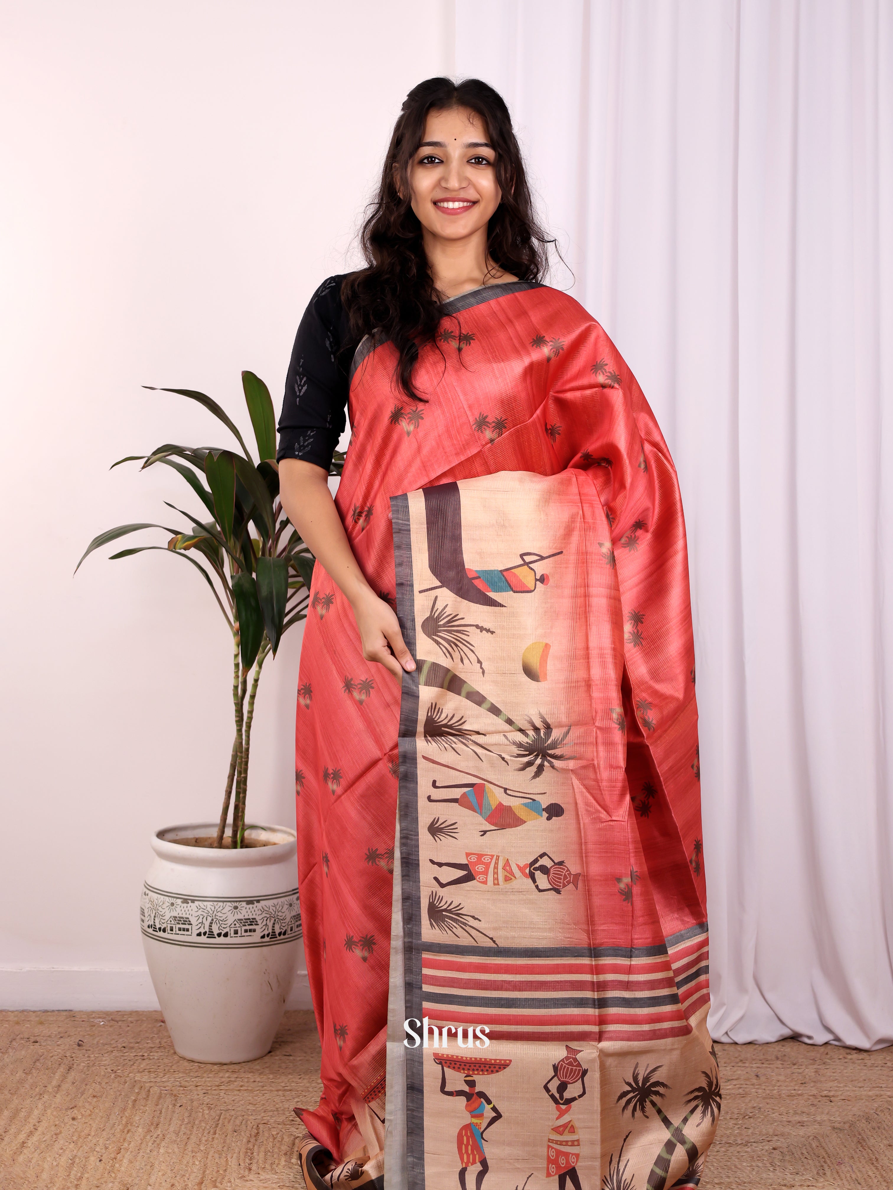 Red & Grey - Champa semitussar Saree - Shop on Shrus.com