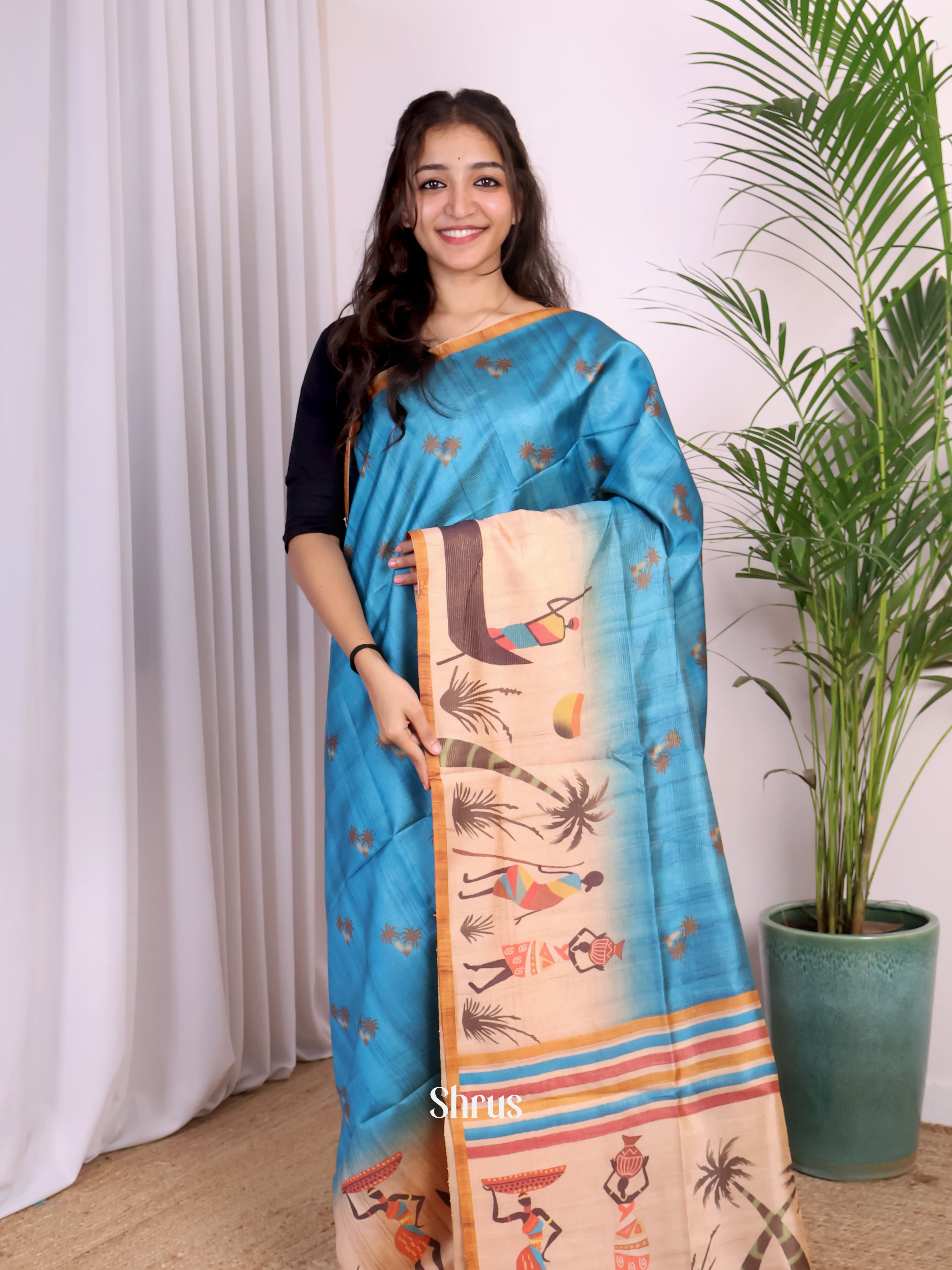 Blue & Brown - Champa semitussar Saree - Shop on Shrus.com