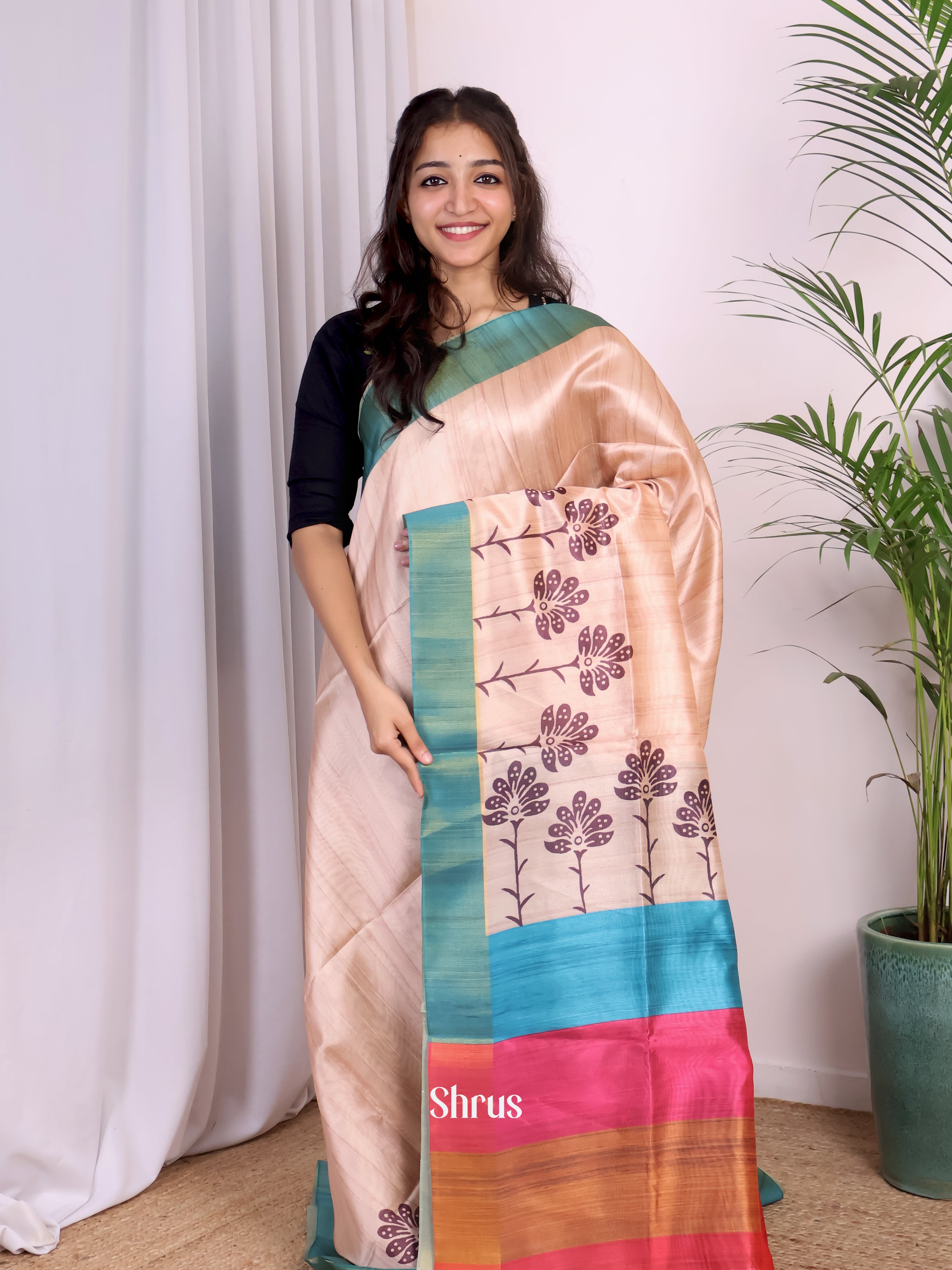 Cream & Blue - Champa semitussar Saree - Shop on Shrus.com