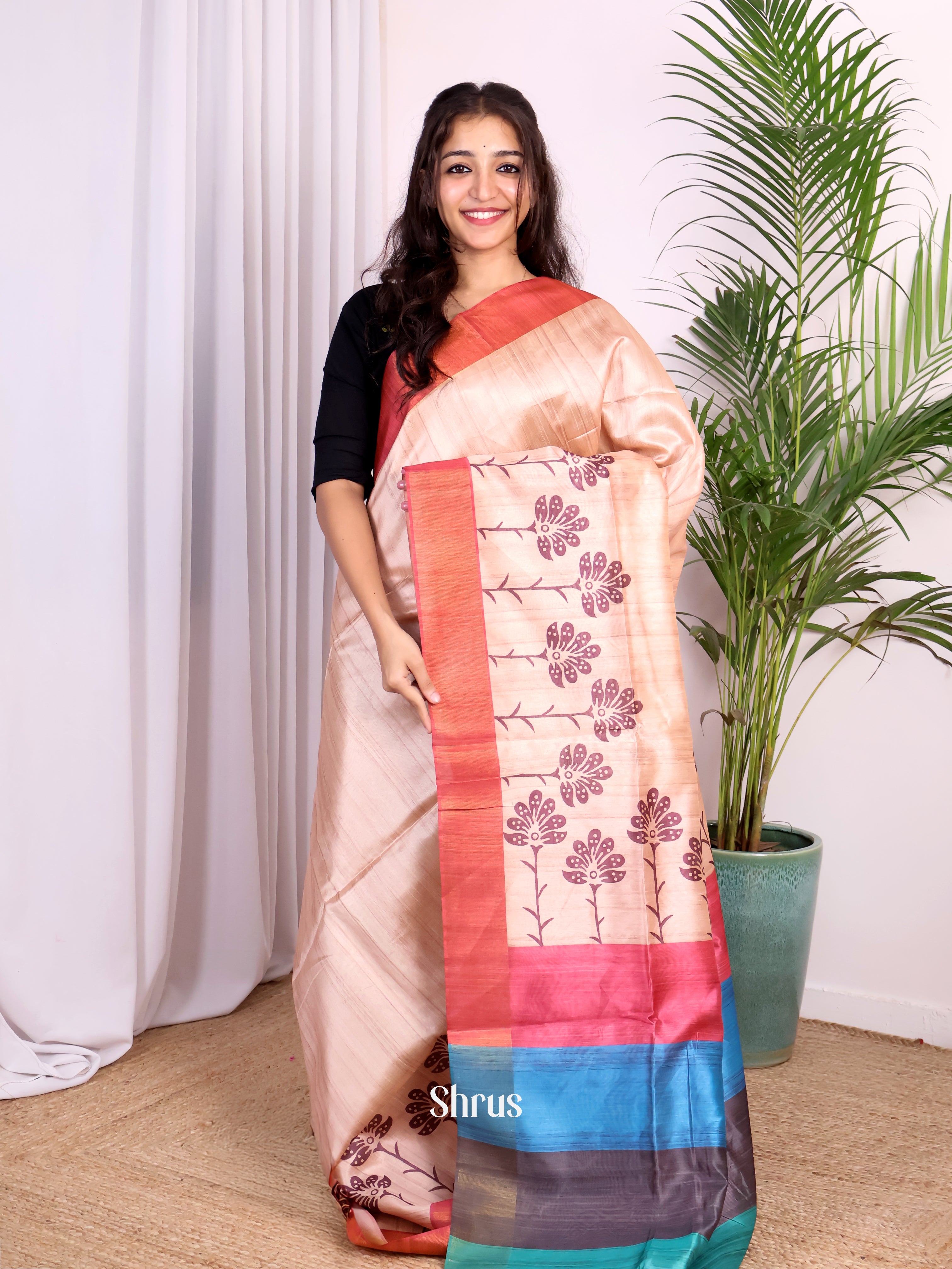 Cream & Pink - Champa semitussar Saree - Shop on Shrus.com