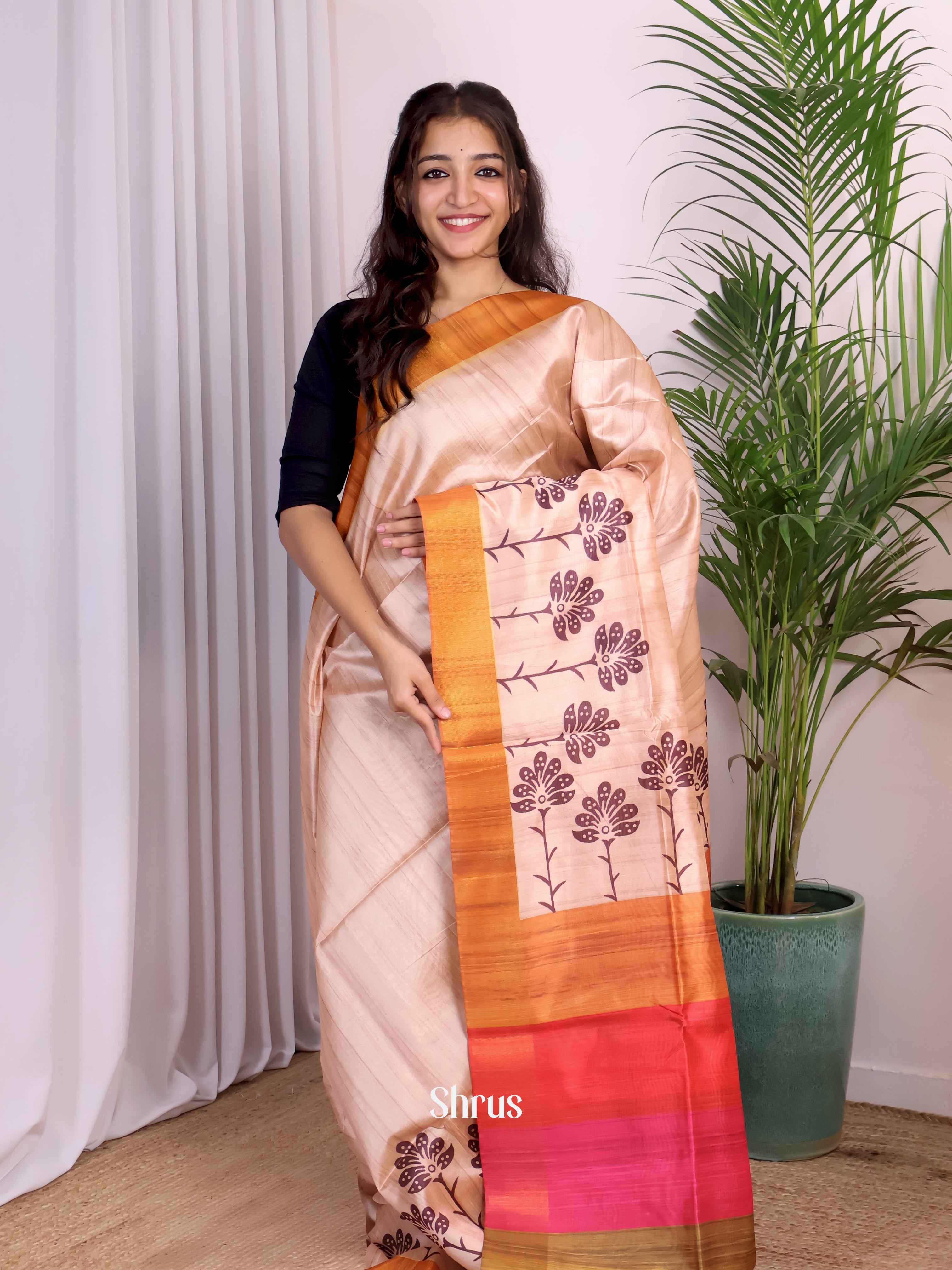Cream & Orange - Champa semitussar Saree - Shop on Shrus.com