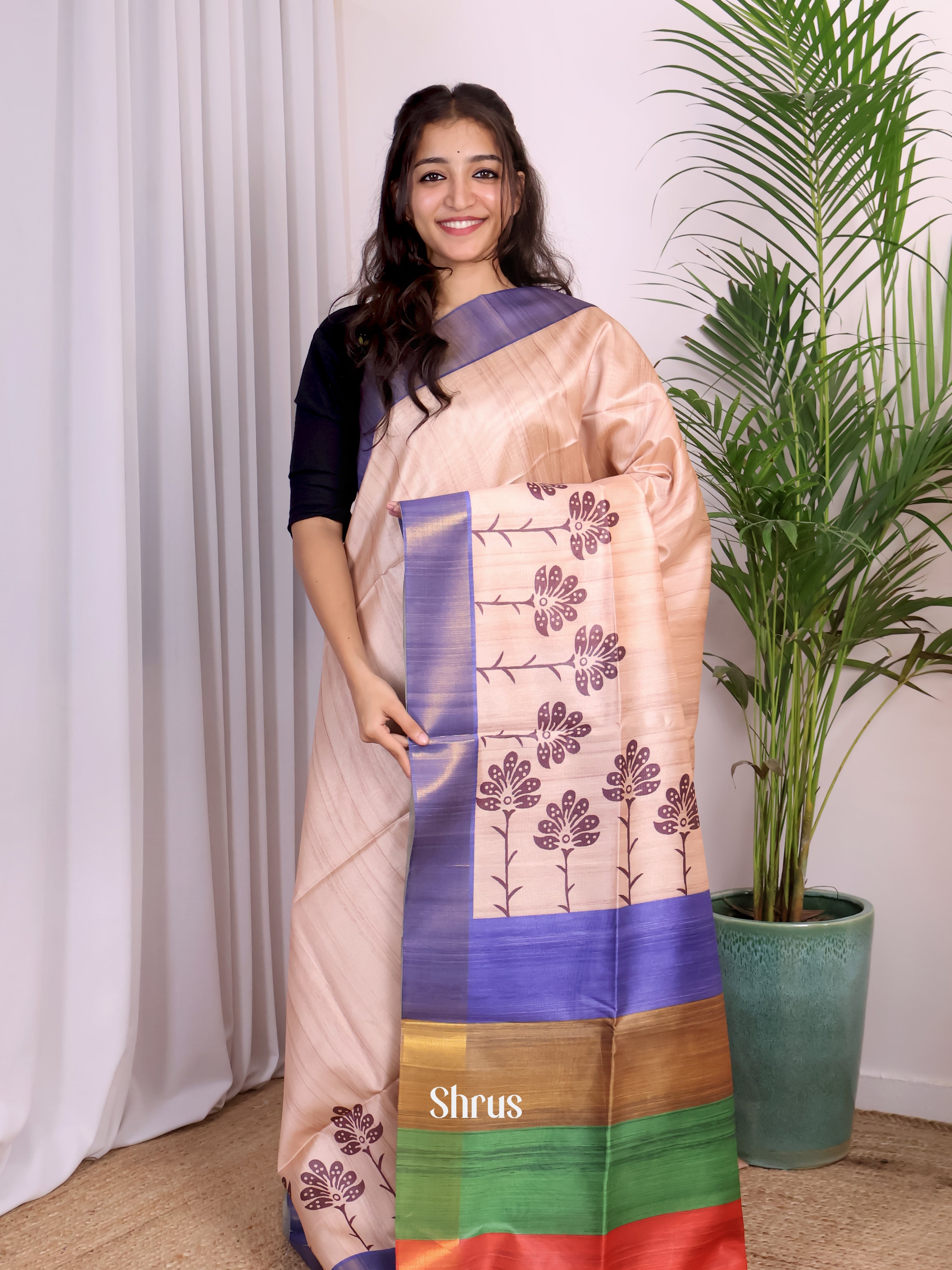 Cream & Purple - Champa semitussar Saree - Shop on Shrus.com
