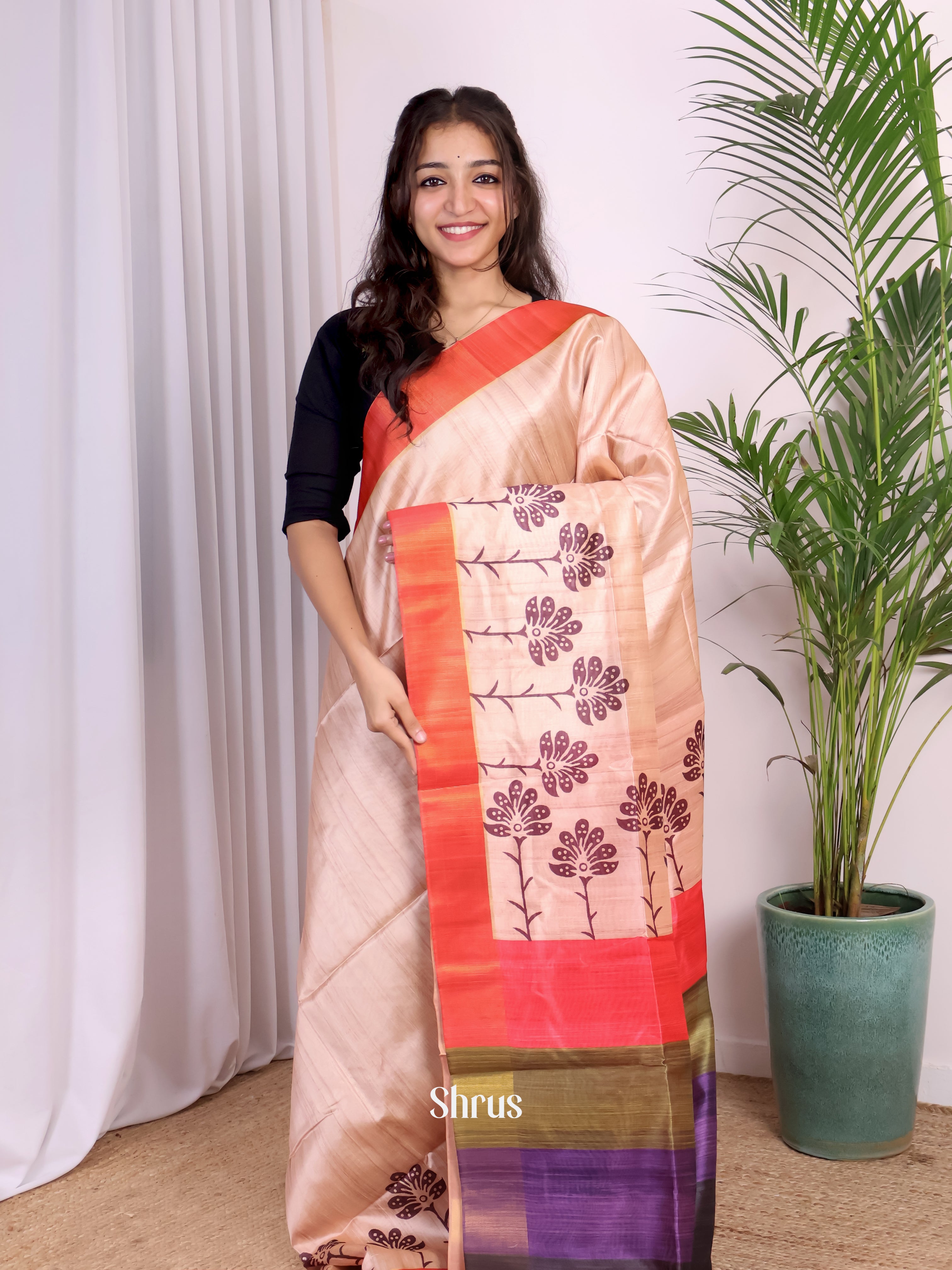 Cream & Red - Champa semitussar Saree - Shop on Shrus.com