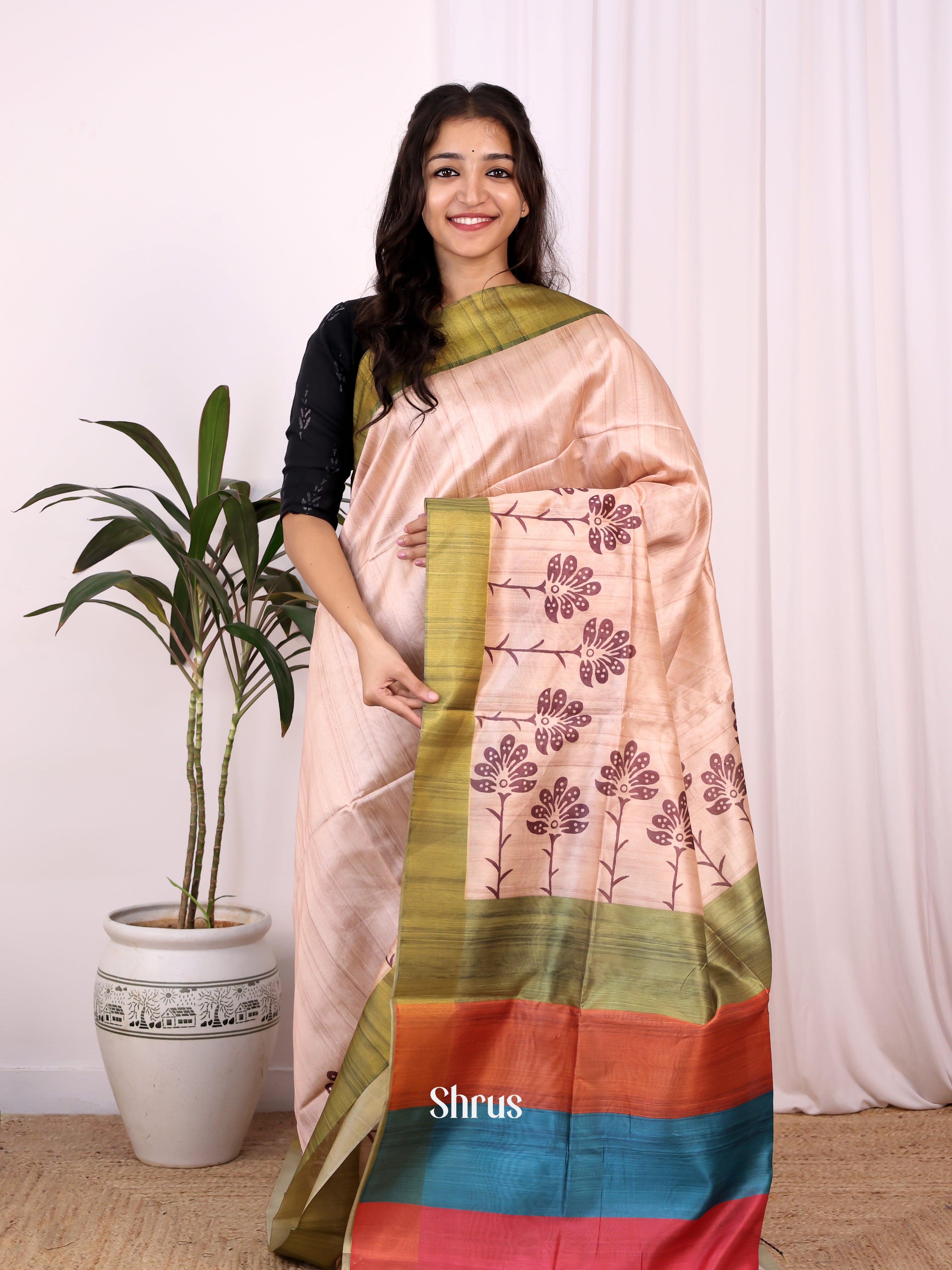 Cream & Green - Champa semitussar Saree - Shop on Shrus.com