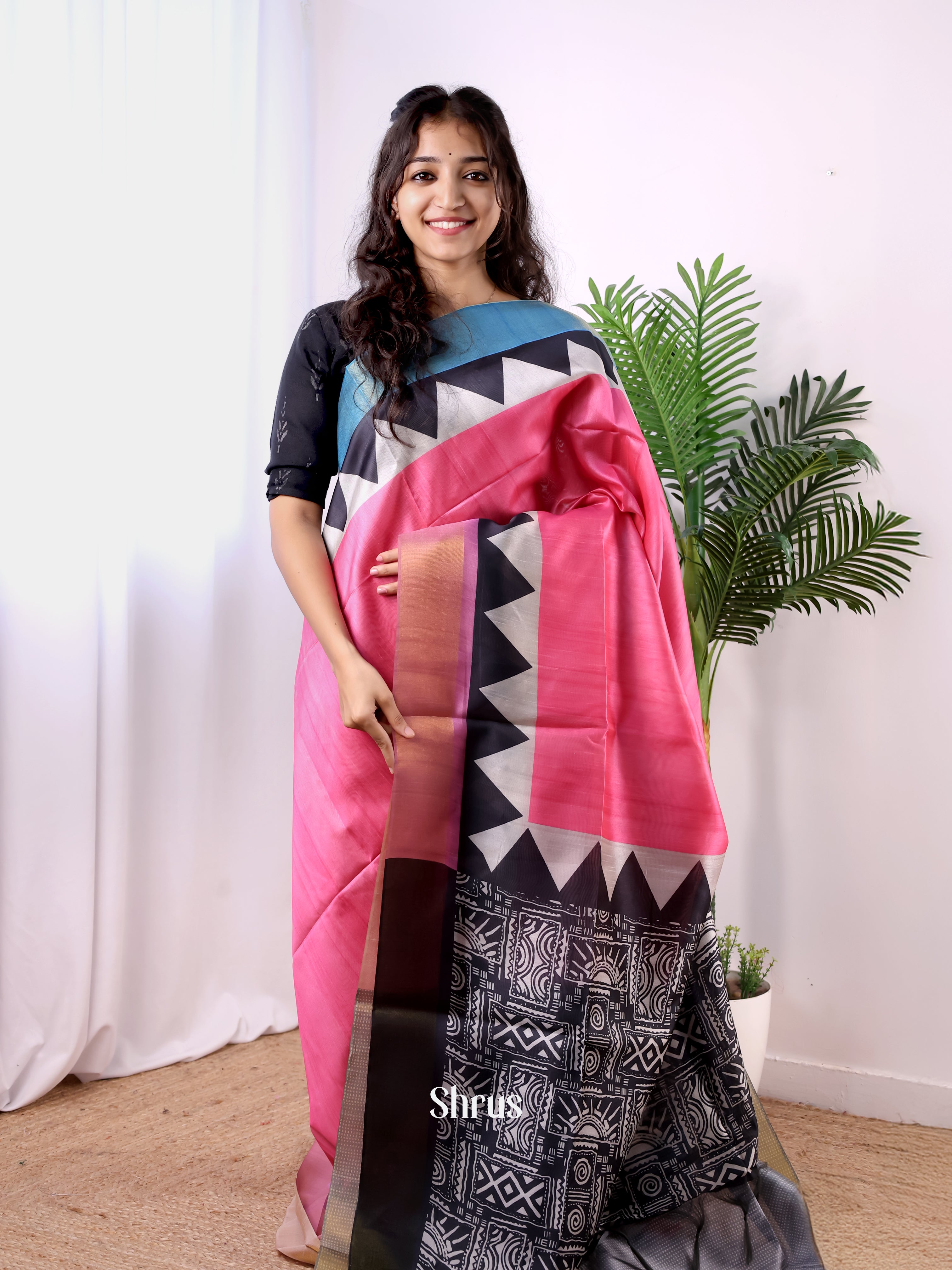 Pink & Black- Champa semitussar Saree - Shop on Shrus.com