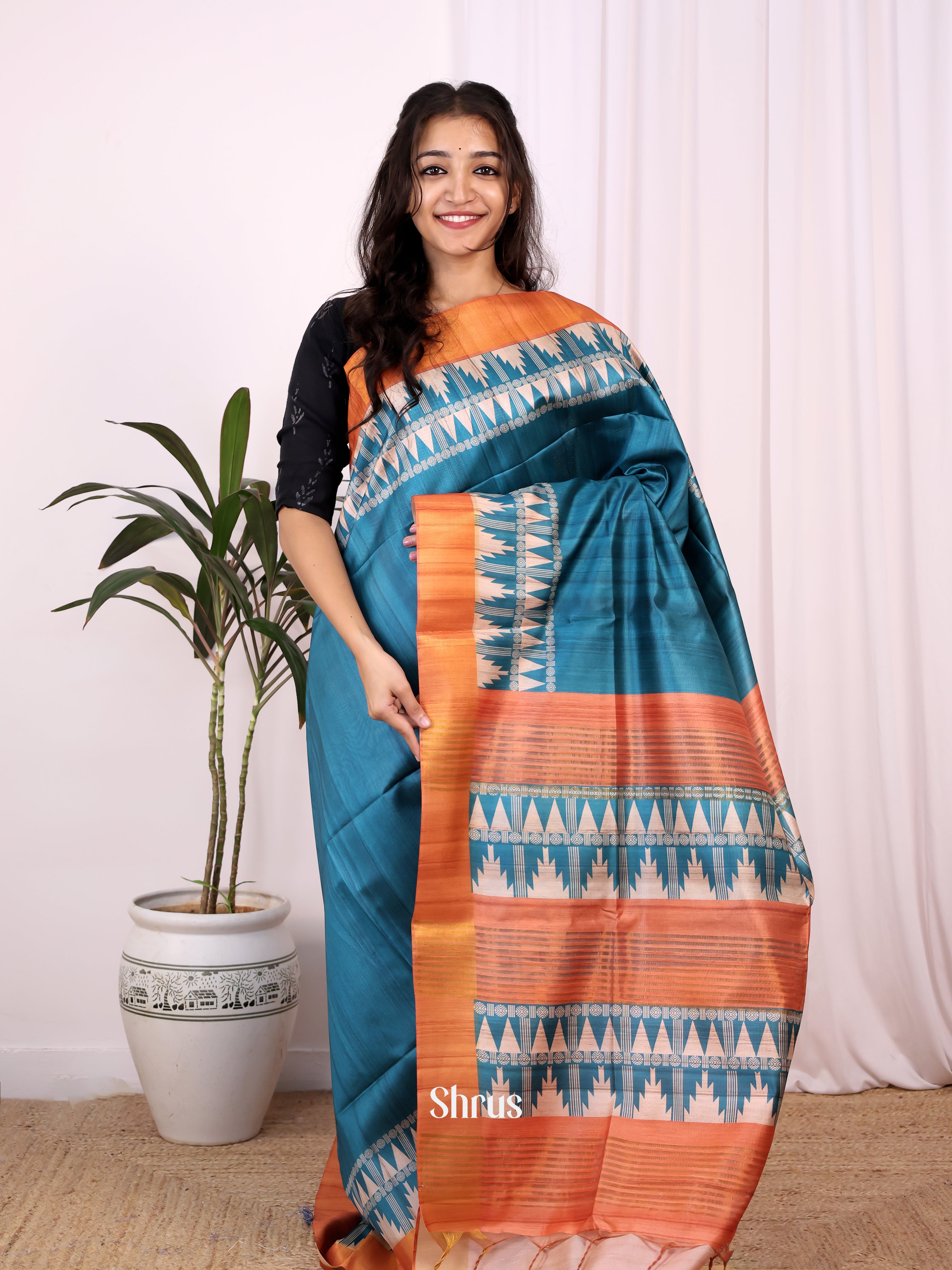 Blue & Brown- Champa semitussar Saree - Shop on Shrus.com