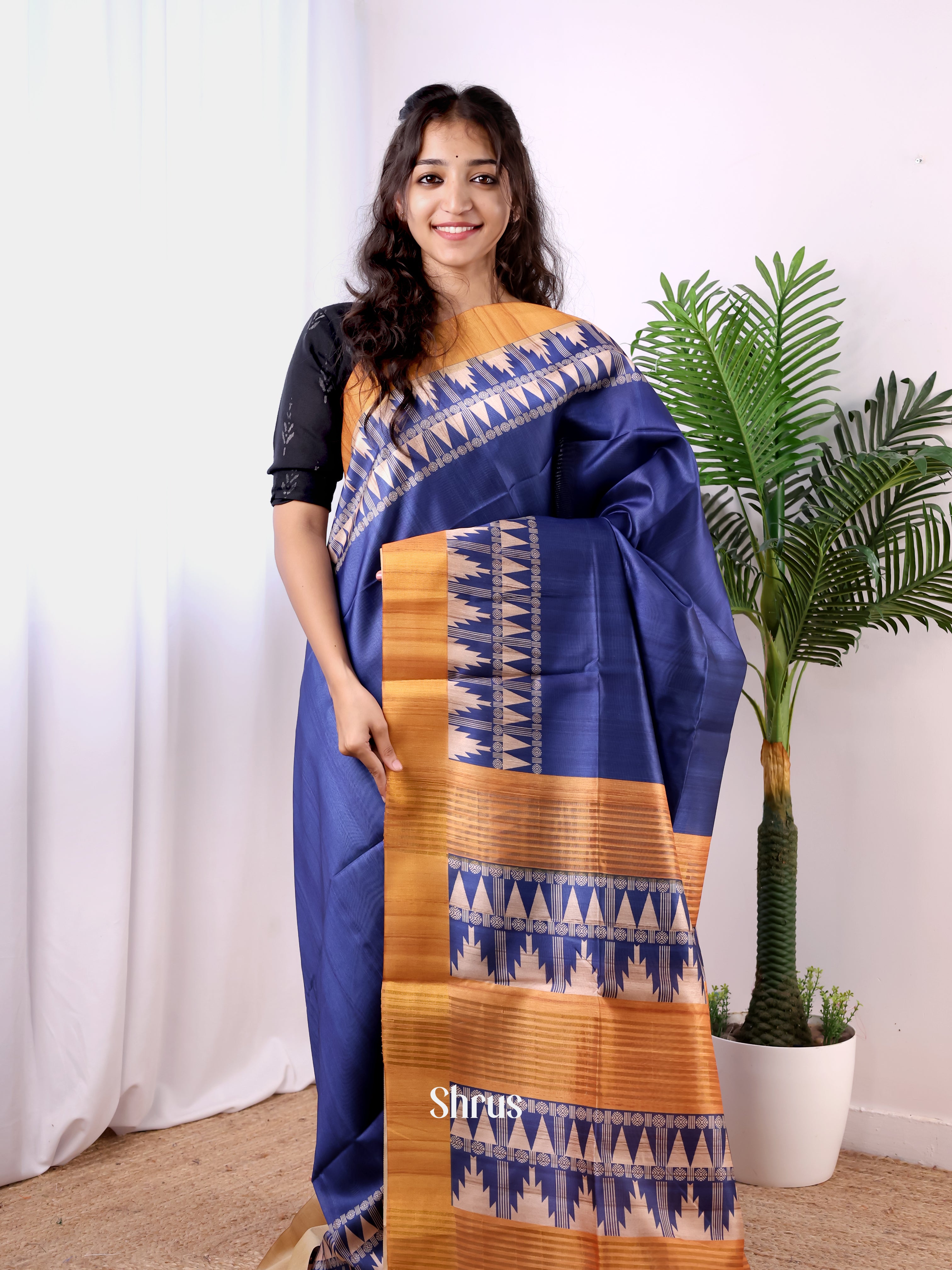Blue & Mustard- Champa semitussar Saree - Shop on Shrus.com