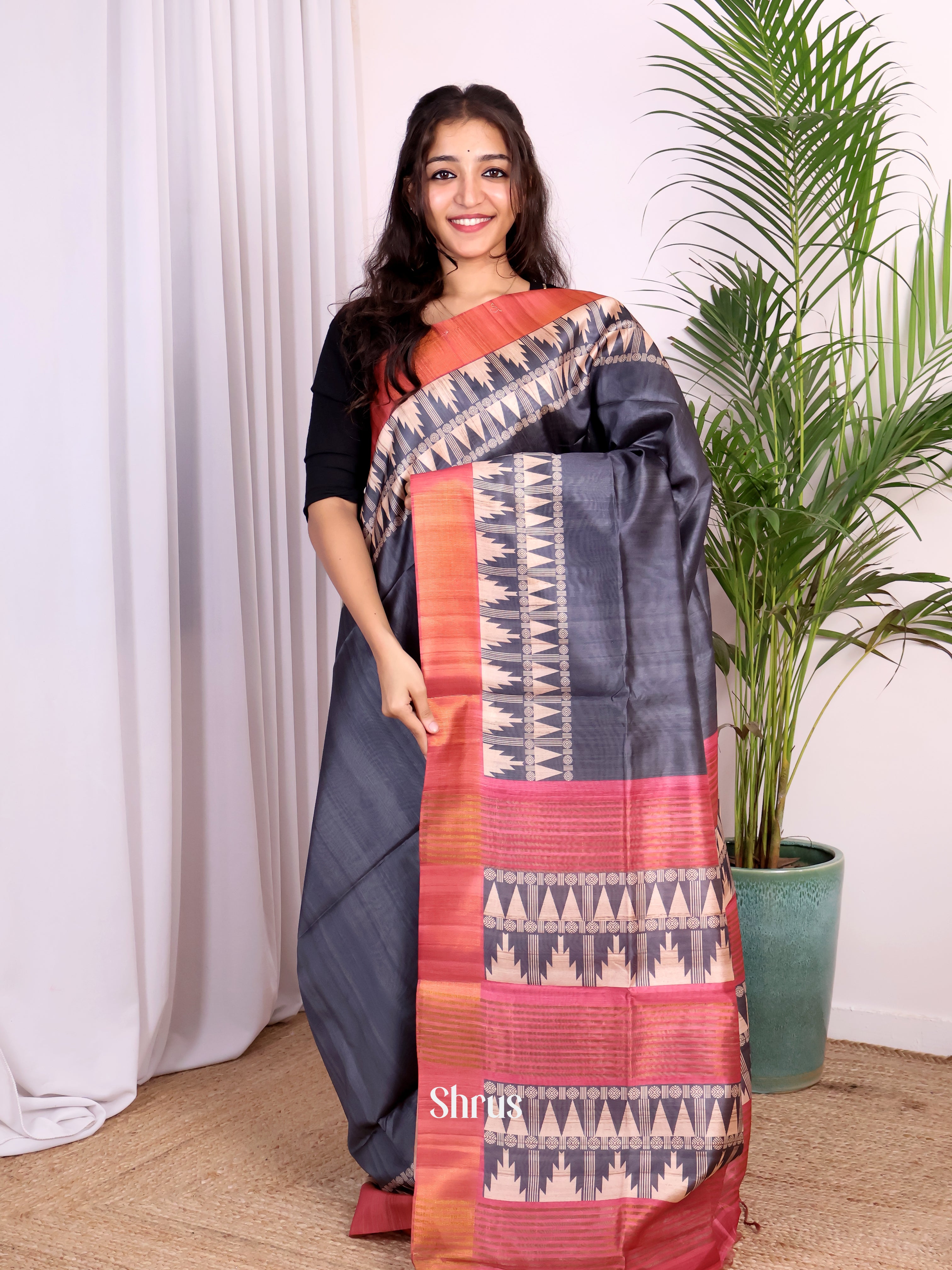 Black & Red - Champa semitussar Saree - Shop on Shrus.com