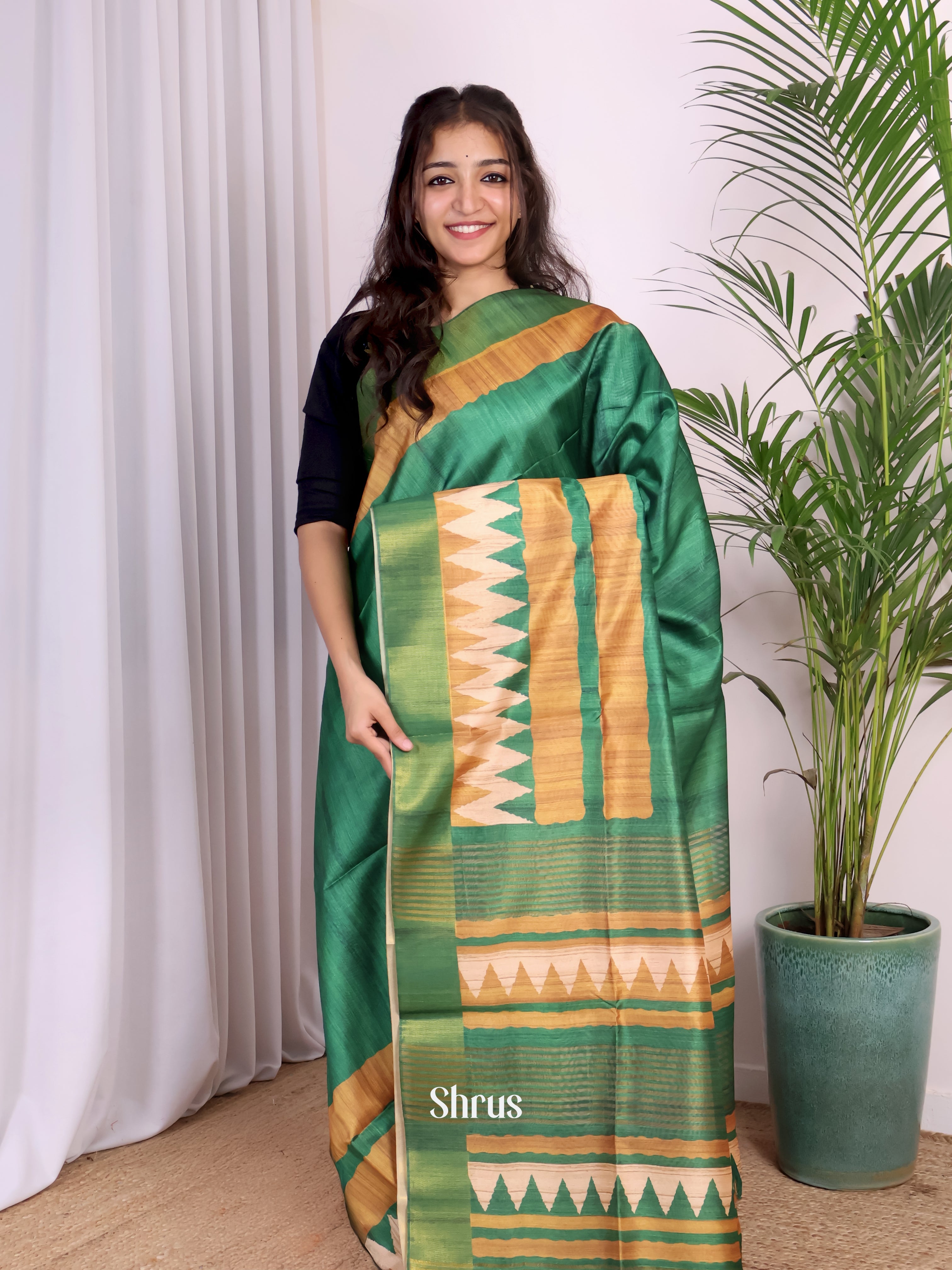 Green & Cream - Champa semitussar Saree - Shop on Shrus.com