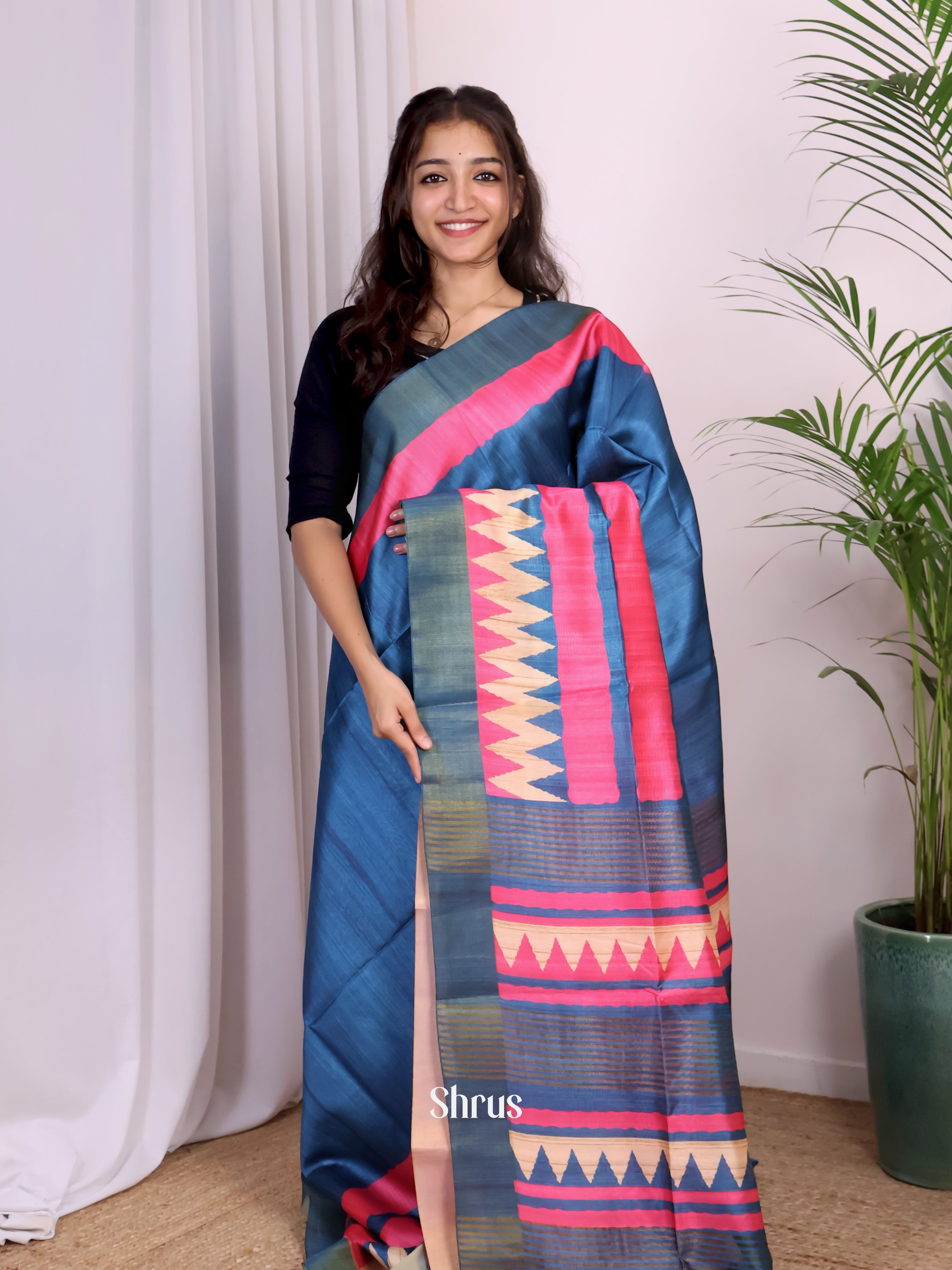 Blue & Pink - Champa semitussar Saree - Shop on Shrus.com