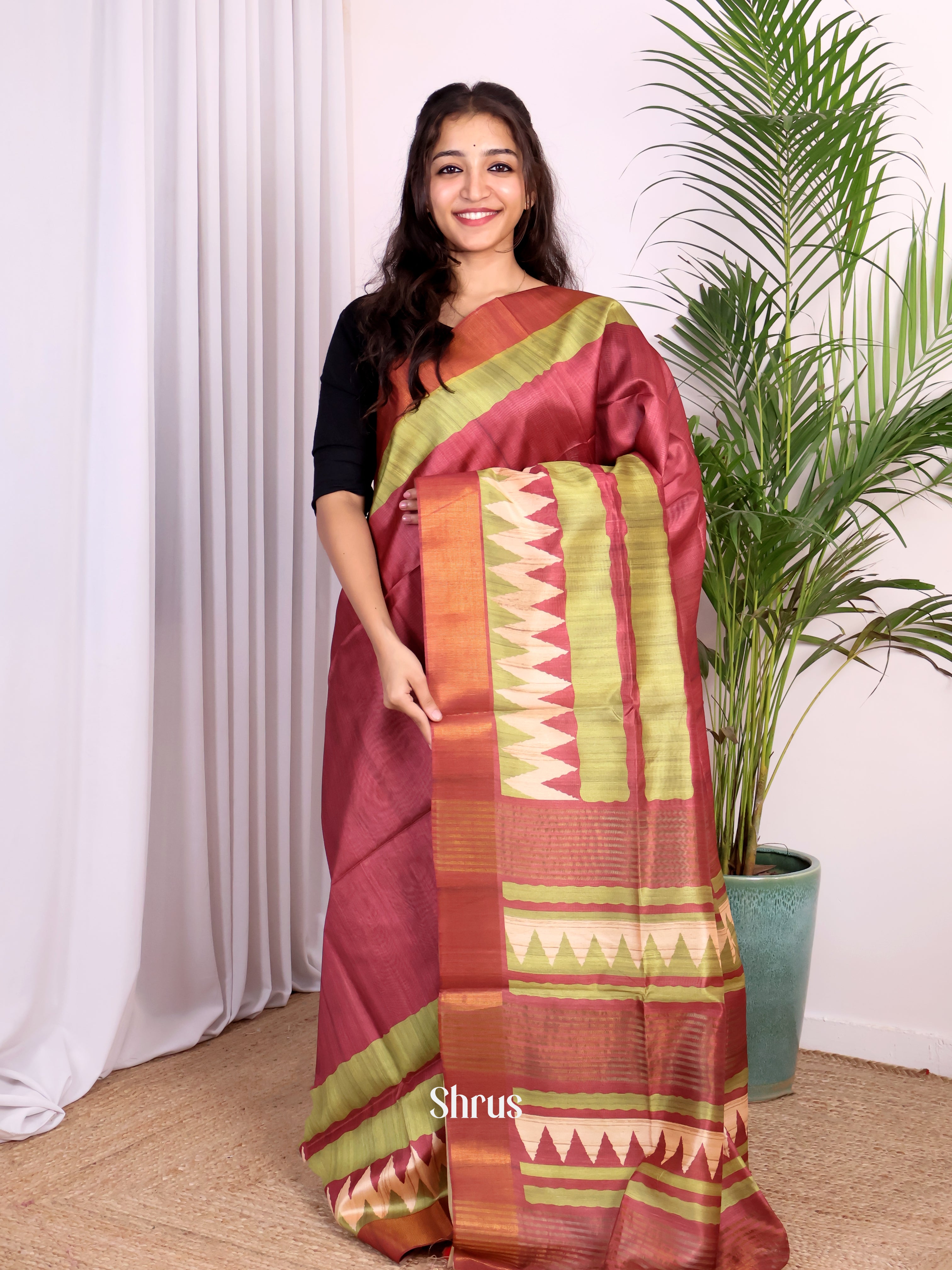 Maroon & Green - Champa semitussar Saree - Shop on Shrus.com
