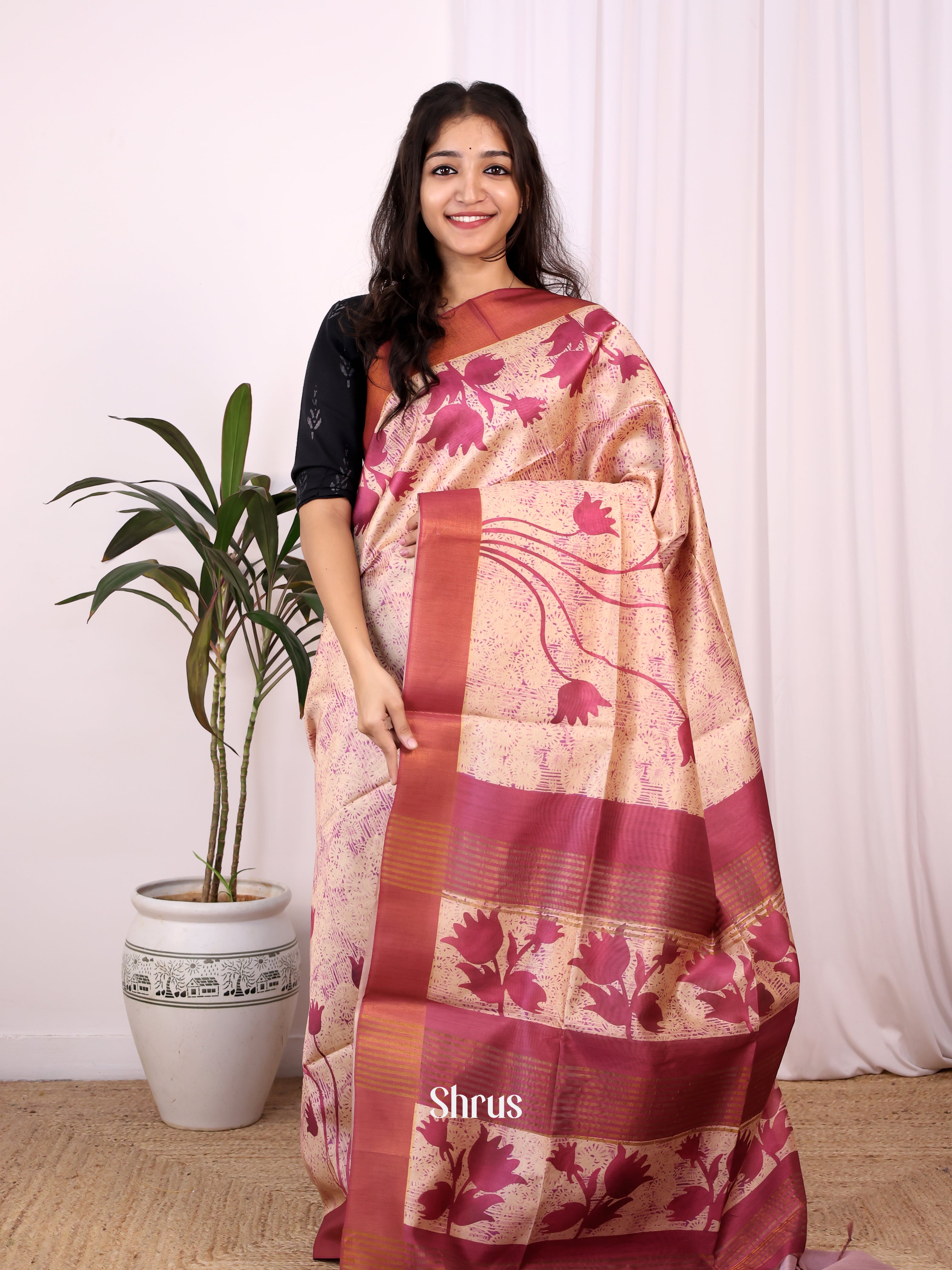 Cream & Pink - Champa semitussar Saree - Shop on Shrus.com