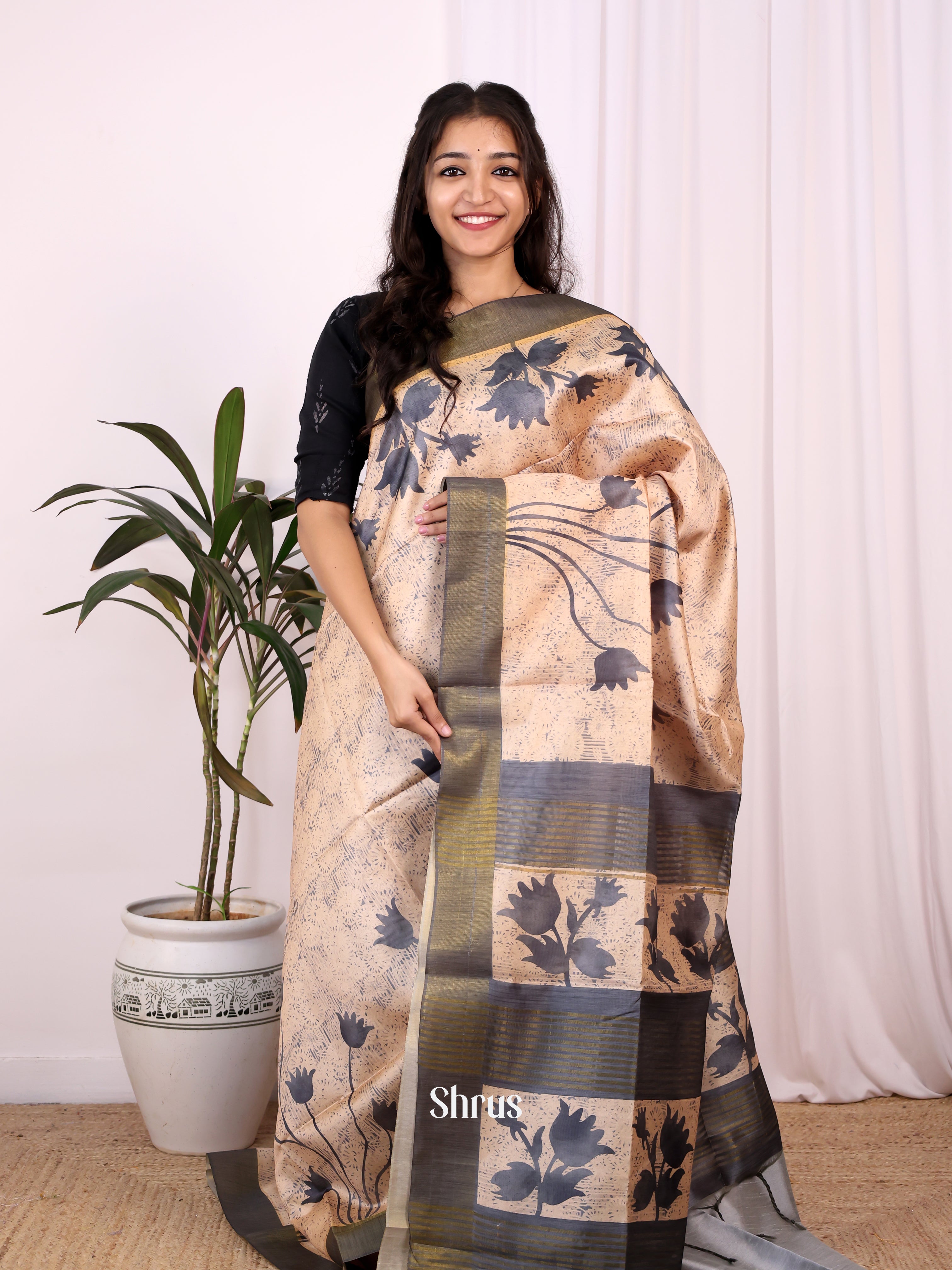 Cream & Black- Champa semitussar Saree - Shop on Shrus.com