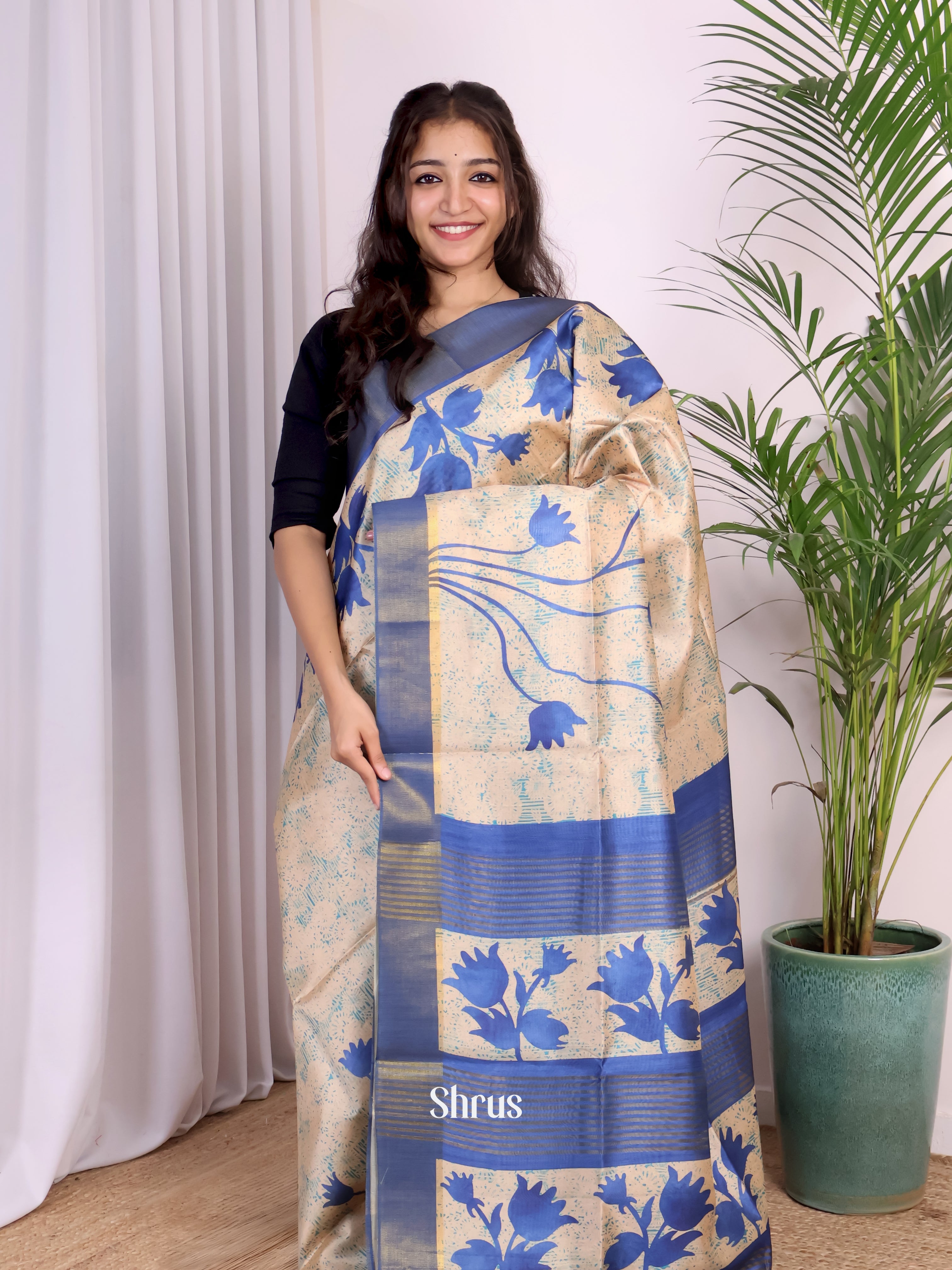 Cream & Blue - Champa semitussar Saree - Shop on Shrus.com