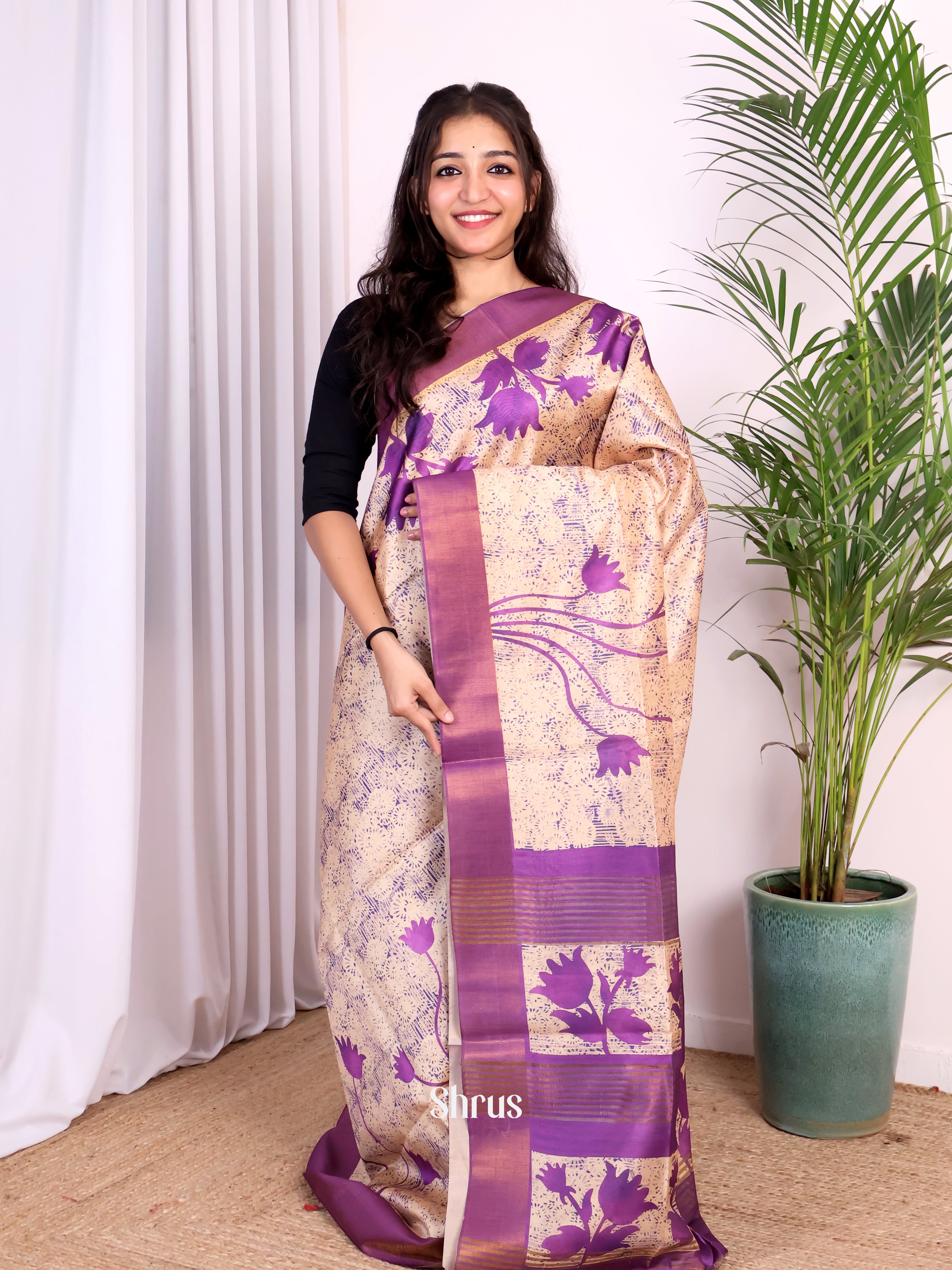 Cream & Purple- Champa semitussar Saree - Shop on Shrus.com