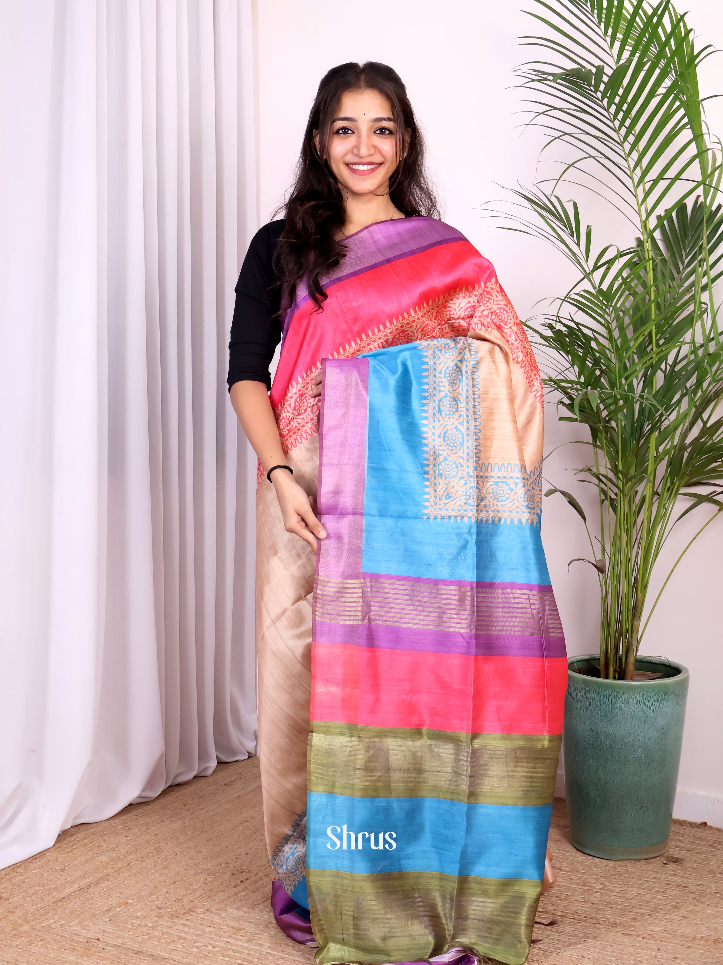 Beige & Purple- Champa semitussar Saree - Shop on Shrus.com