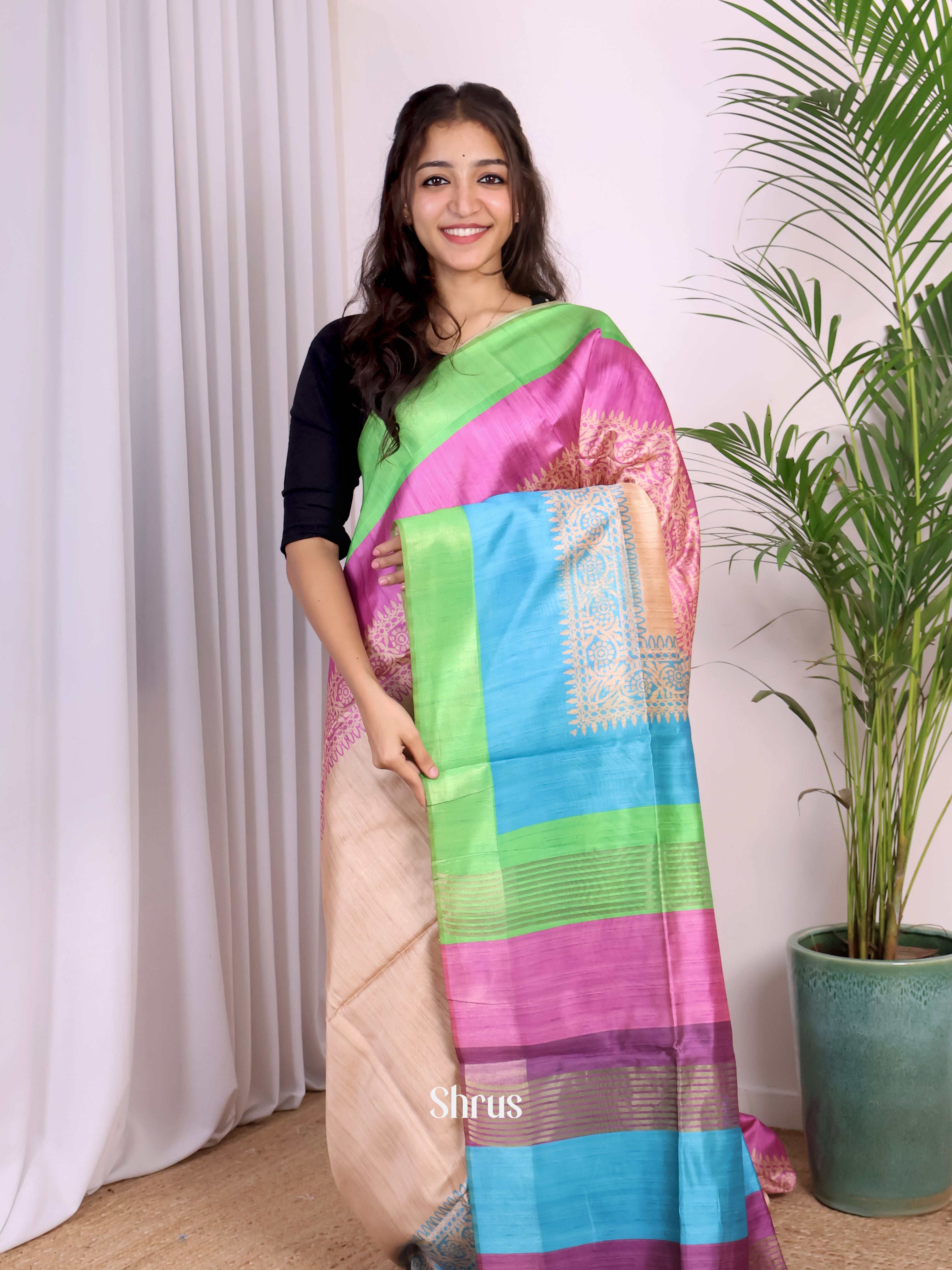 Cream & Green- Champa semitussar Saree - Shop on Shrus.com