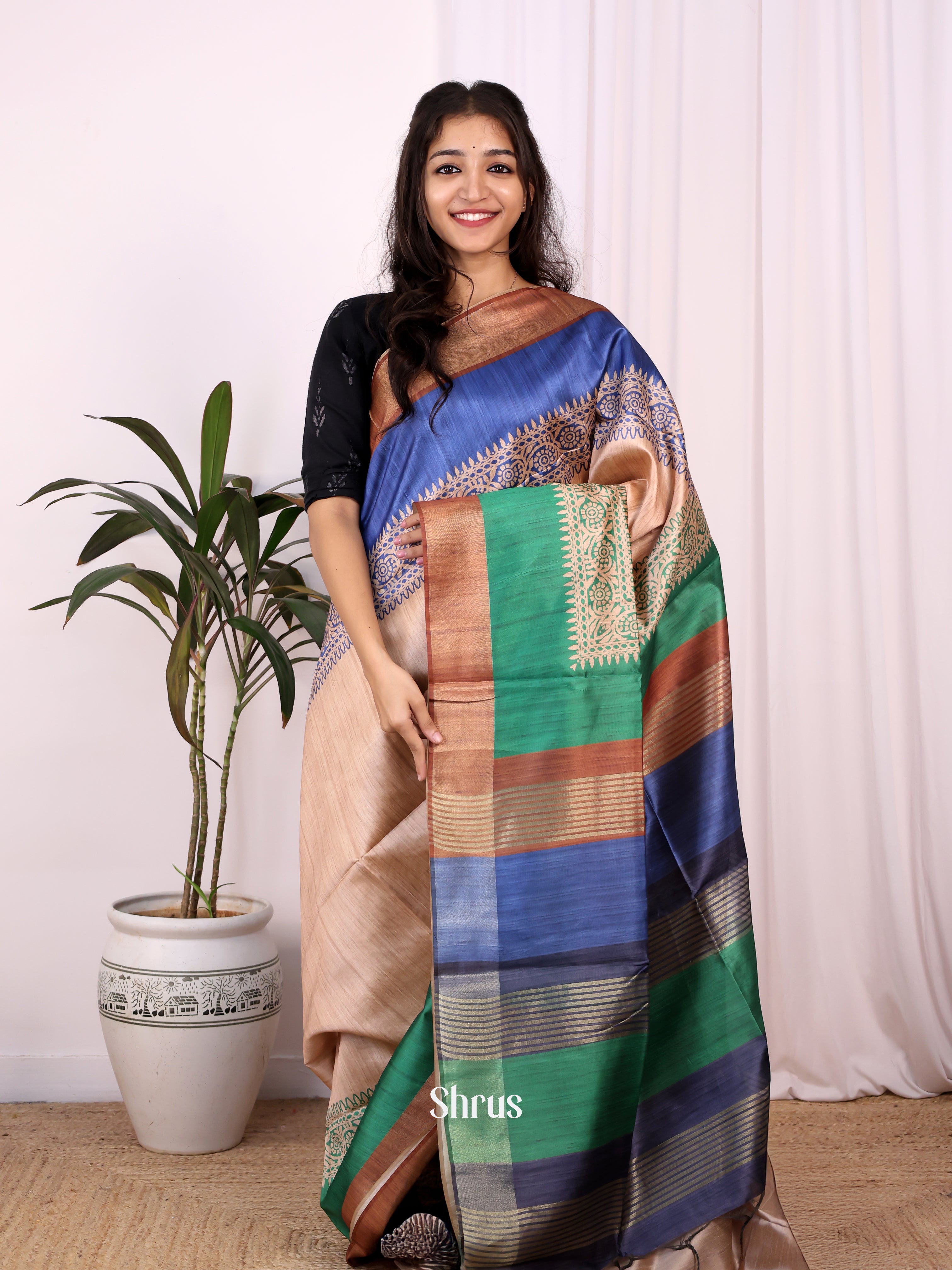 Beige & Brown- Champa semitussar Saree - Shop on Shrus.com