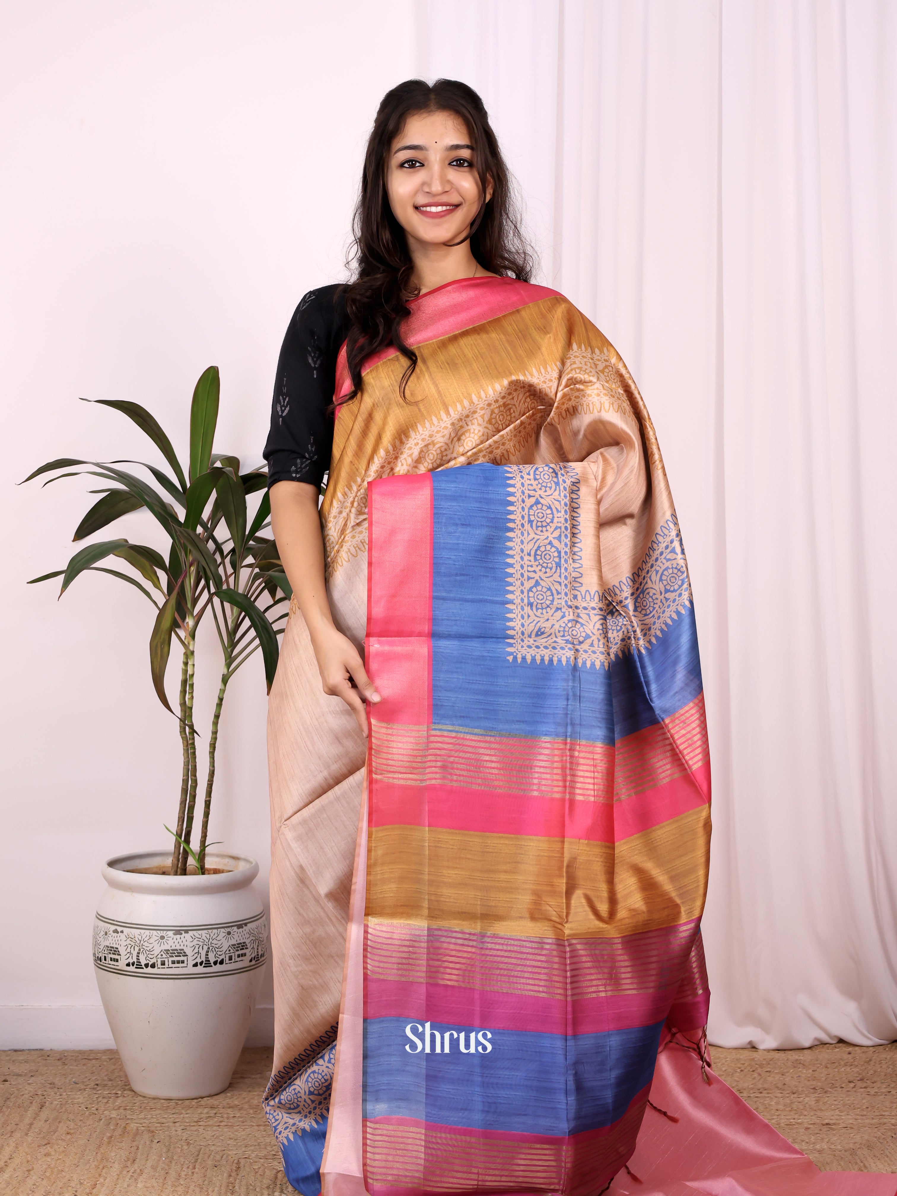 Beige & Pink - Champa semitussar Saree - Shop on Shrus.com