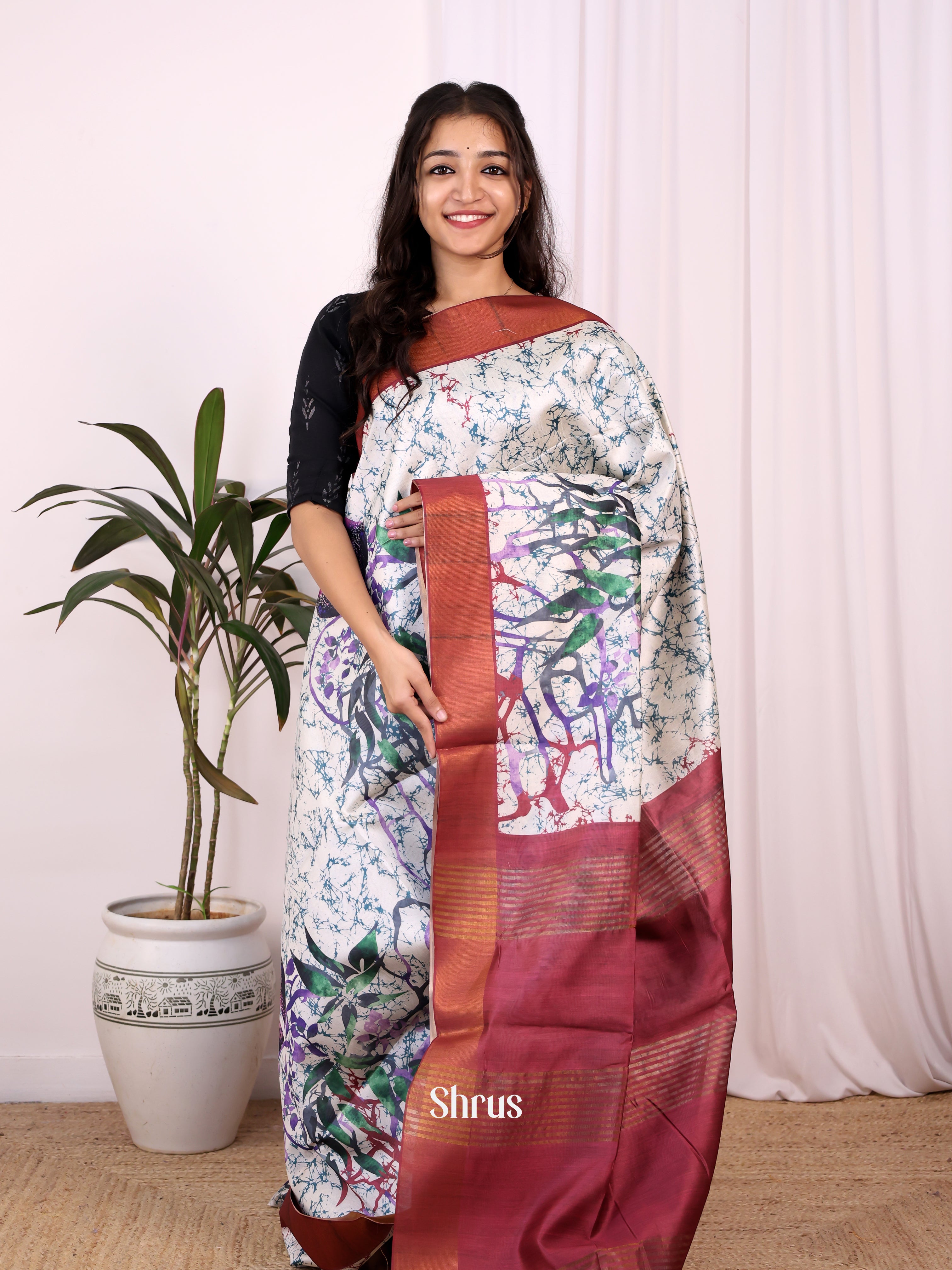Cream & Maroon - Champa semitussar Saree - Shop on Shrus.com
