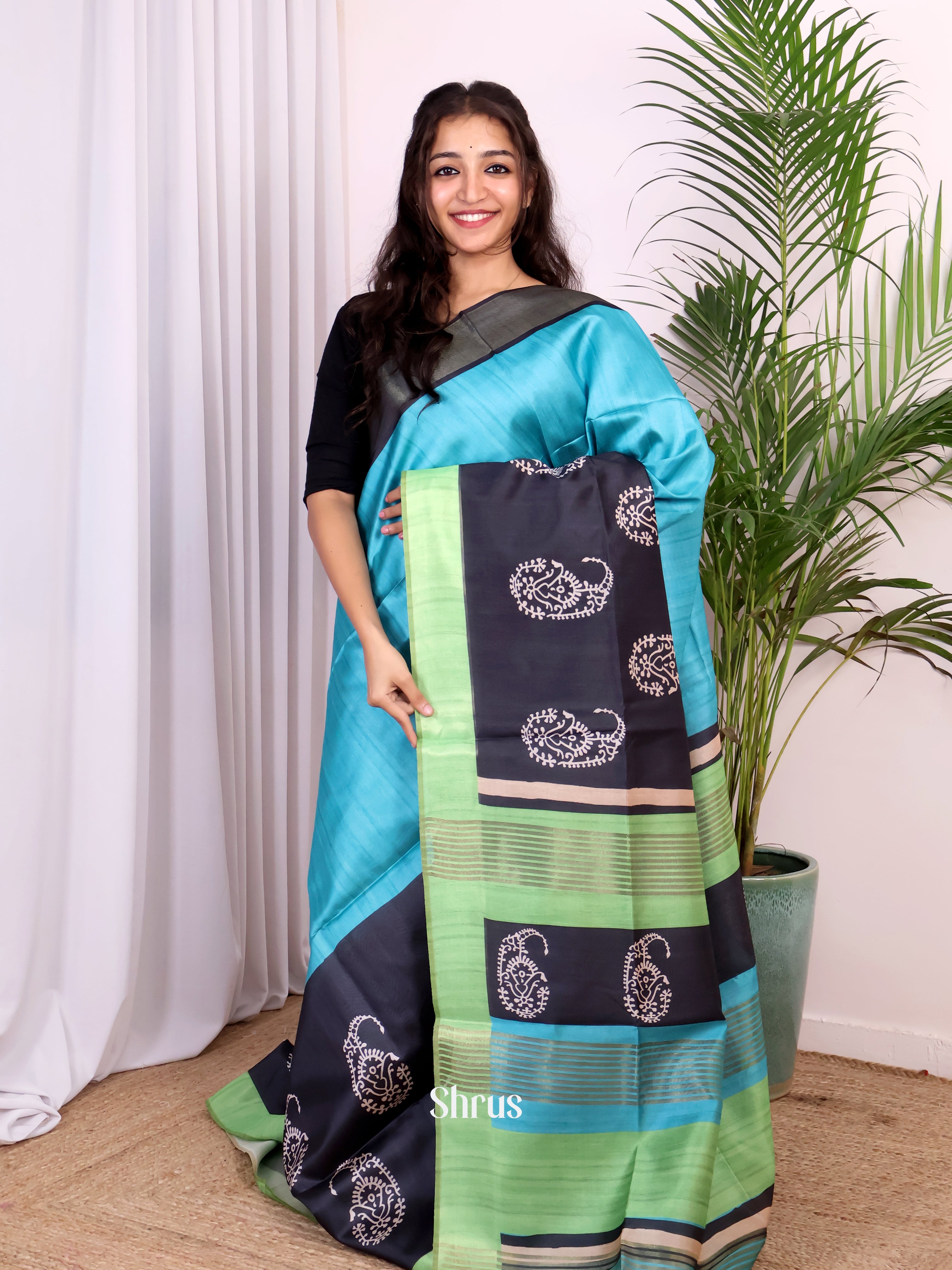 Blue & Black- Champa semitussar Saree - Shop on Shrus.com