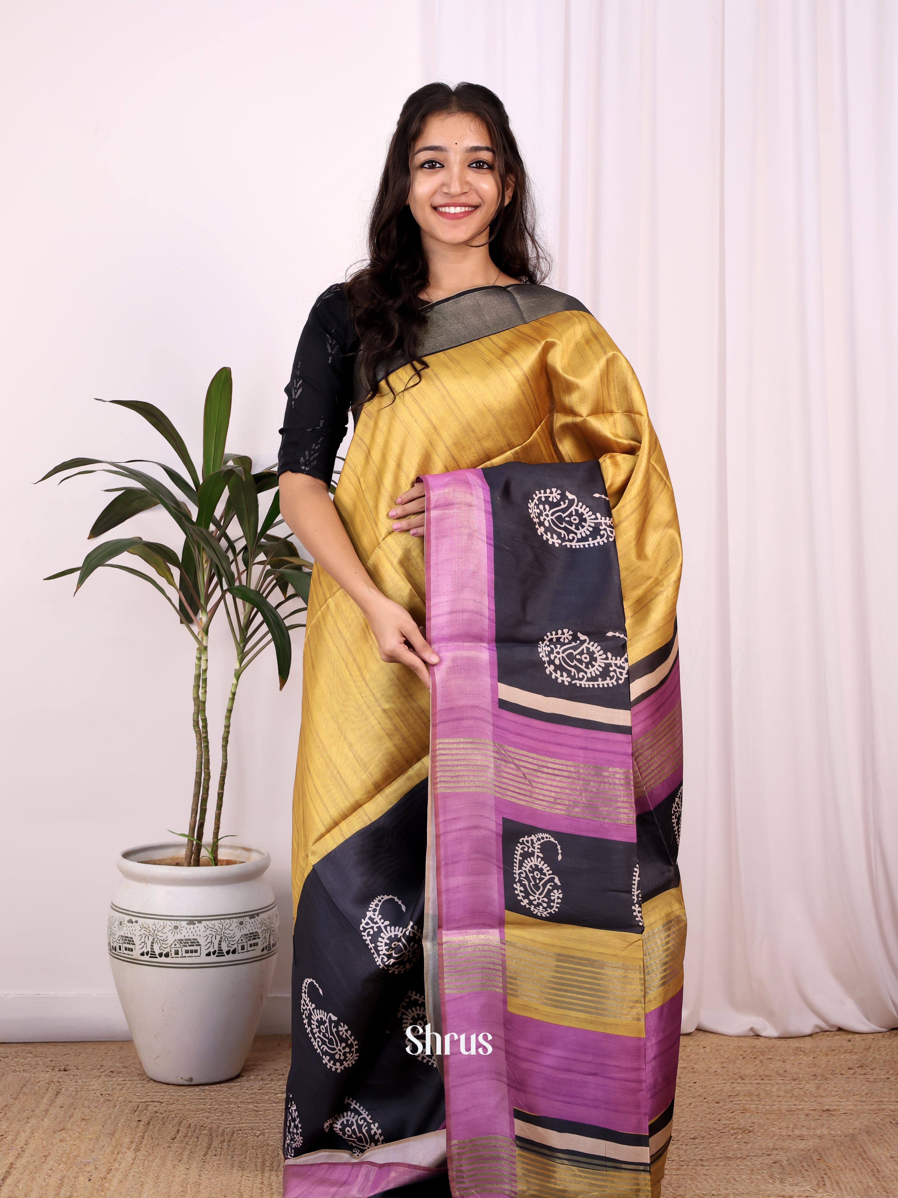 Gold & Black- Champa semitussar Saree - Shop on Shrus.com
