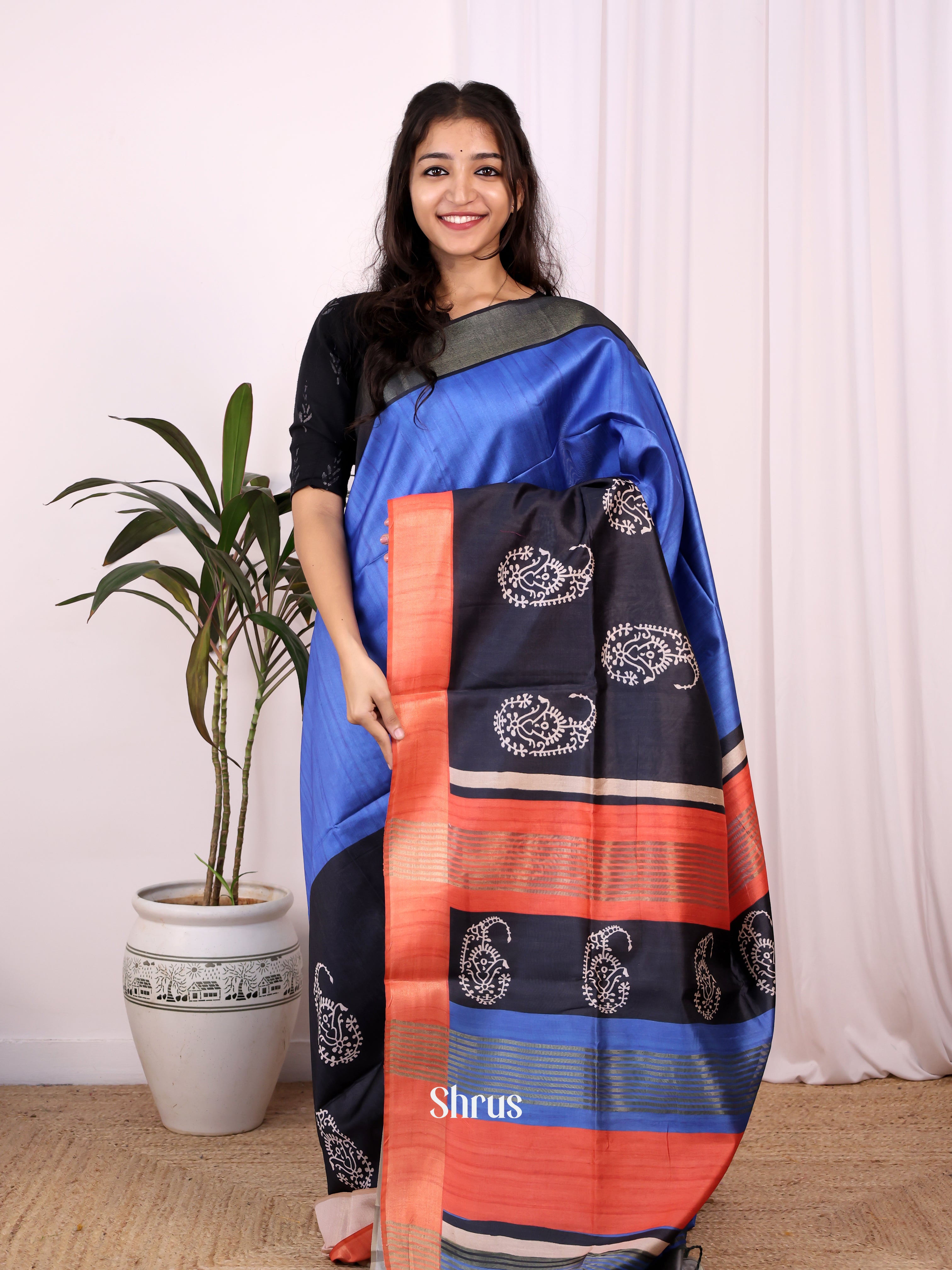 Blue & Black - Champa semitussar Saree - Shop on Shrus.com