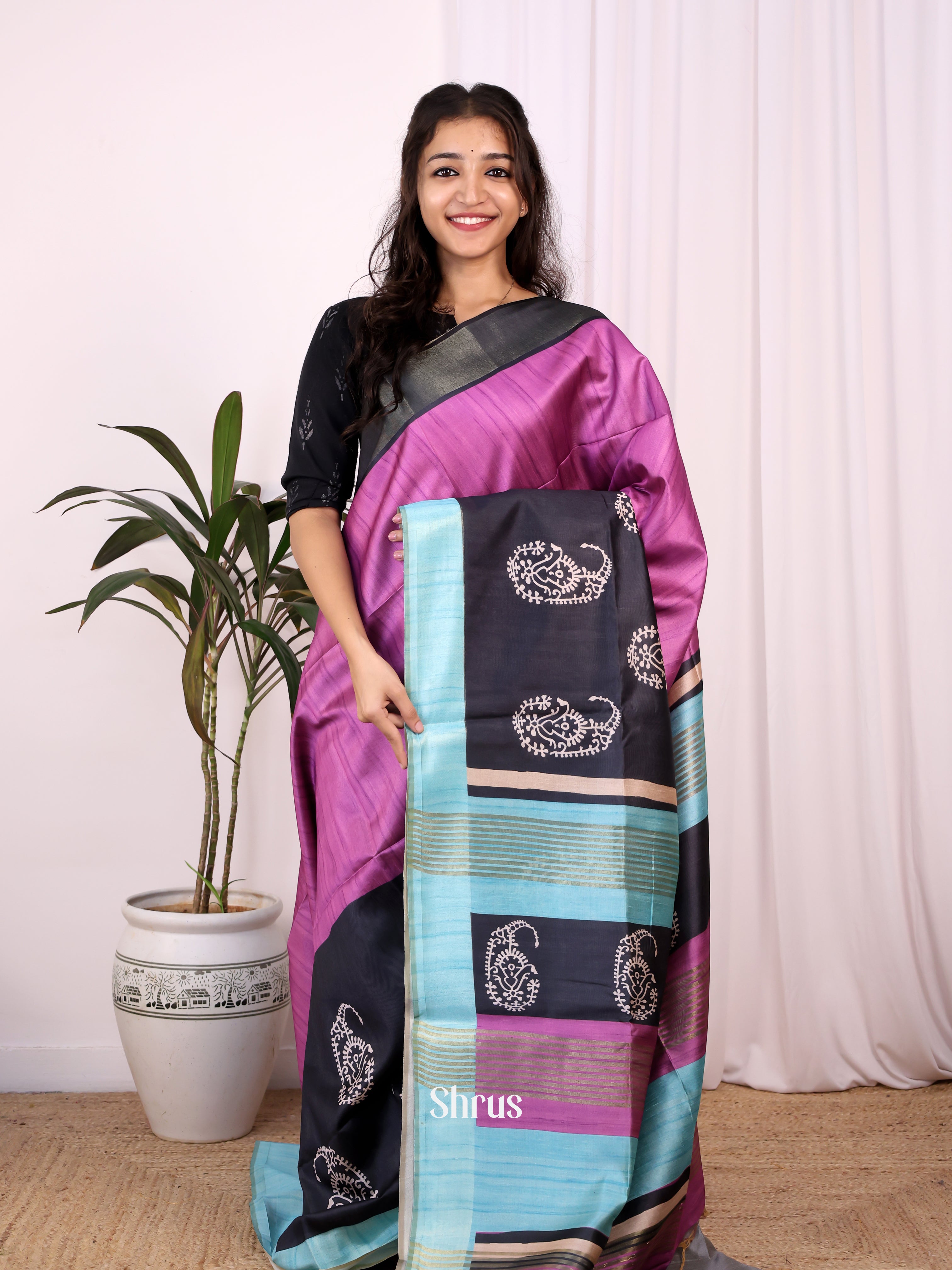 Purple & Black - Champa semitussar Saree - Shop on Shrus.com