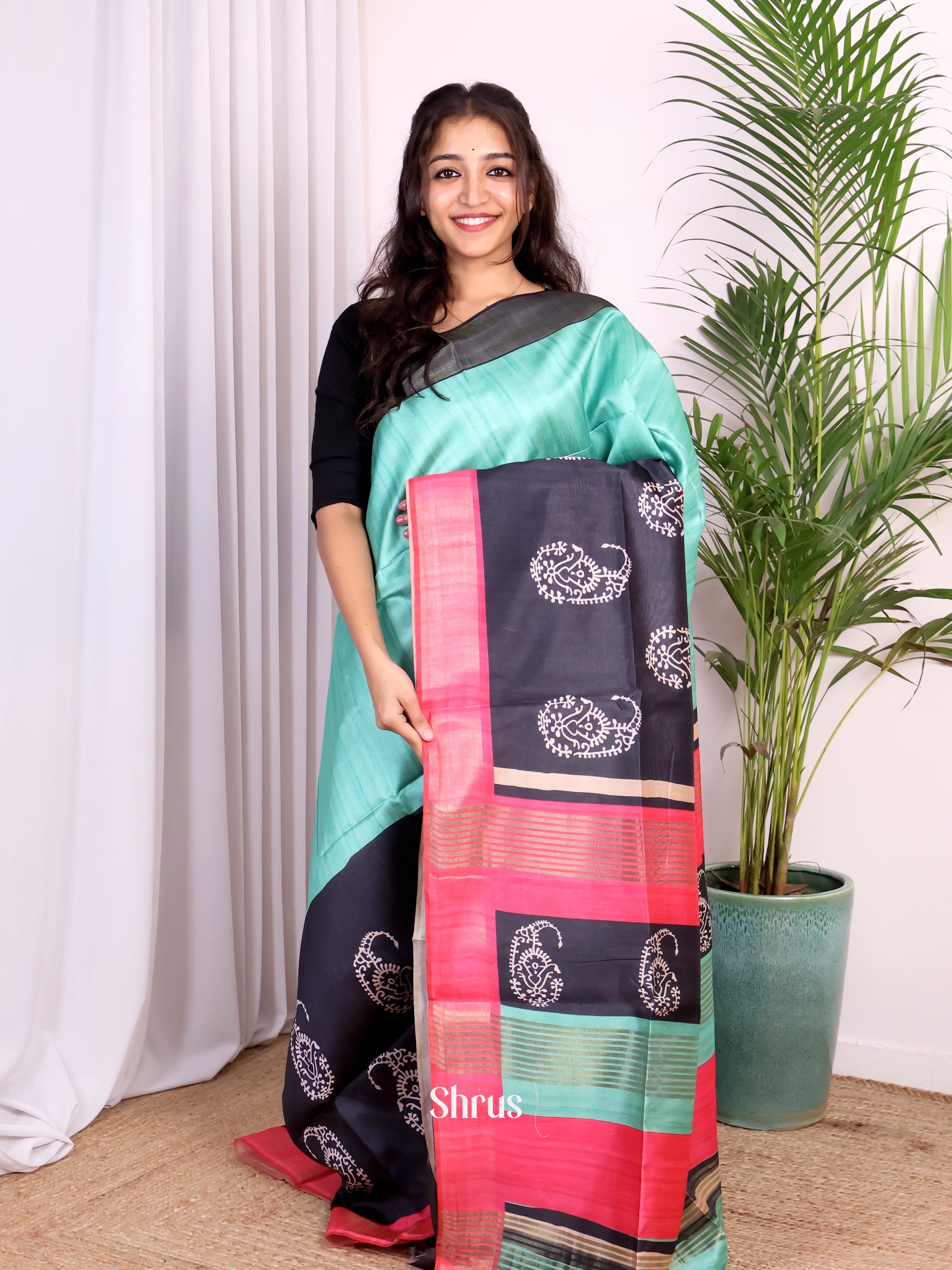Teal Green & Black - Champa semitussar Saree - Shop on Shrus.com