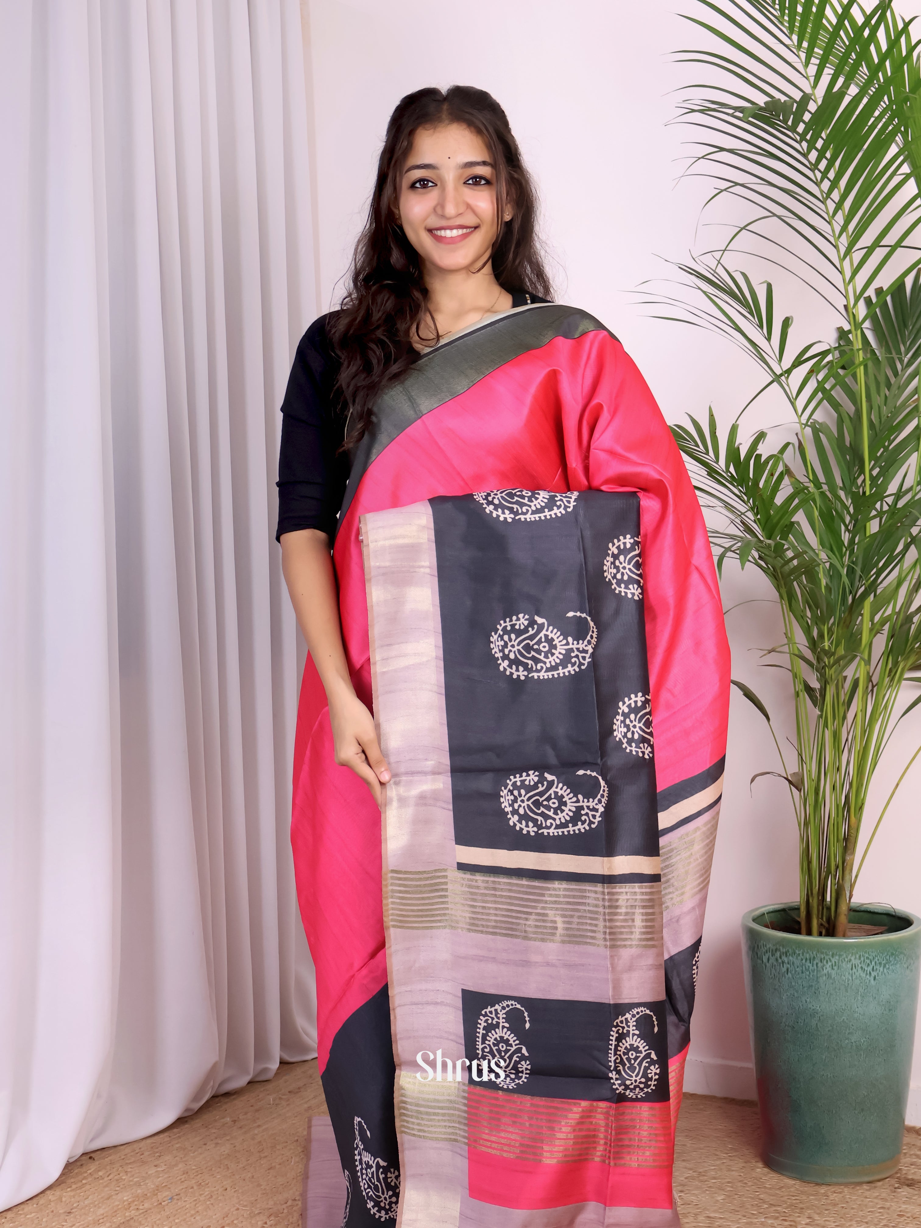 Pink & Black- Champa semitussar Saree - Shop on Shrus.com