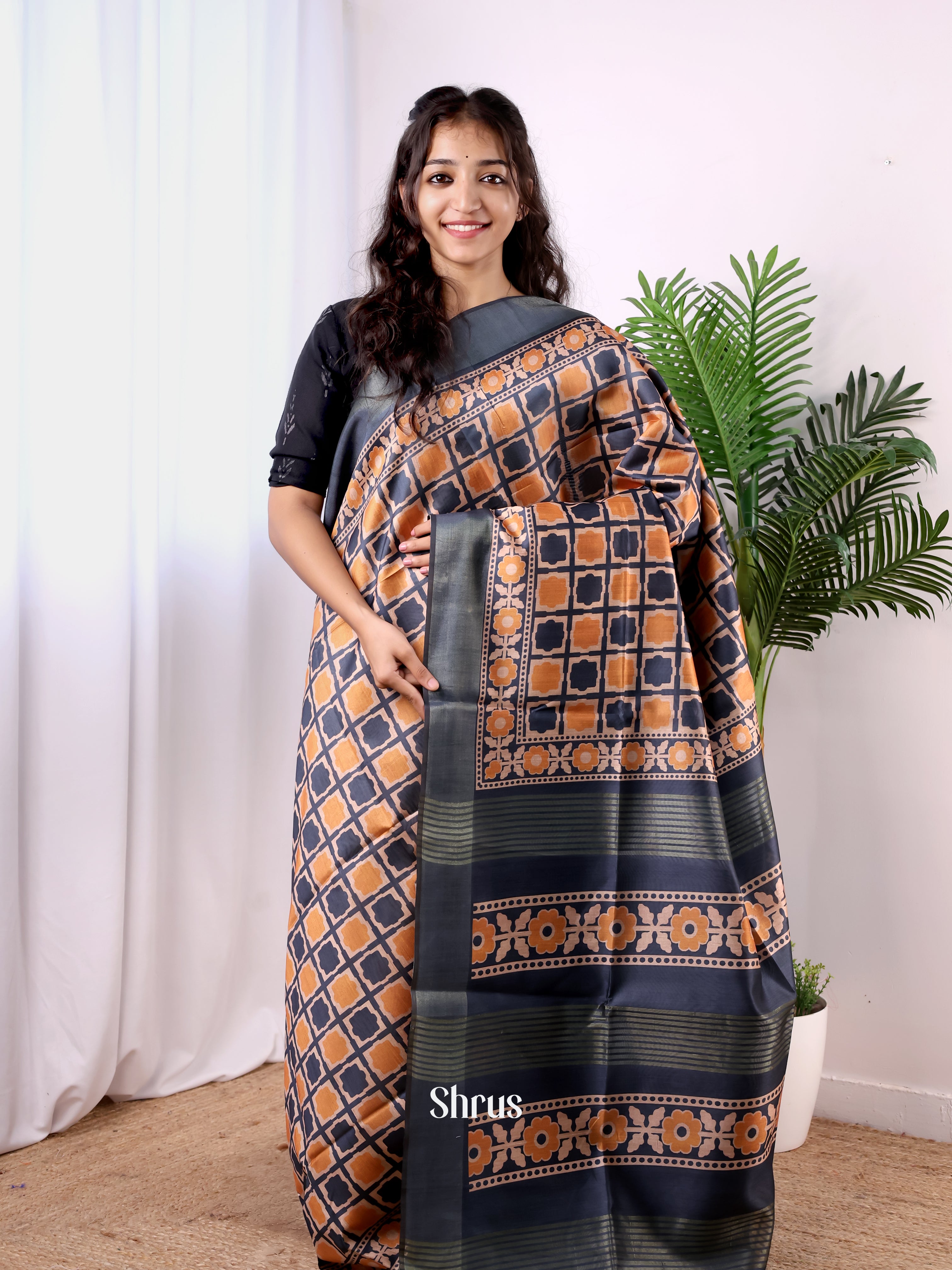 Black & Orange - Champa semitussar Saree - Shop on Shrus.com