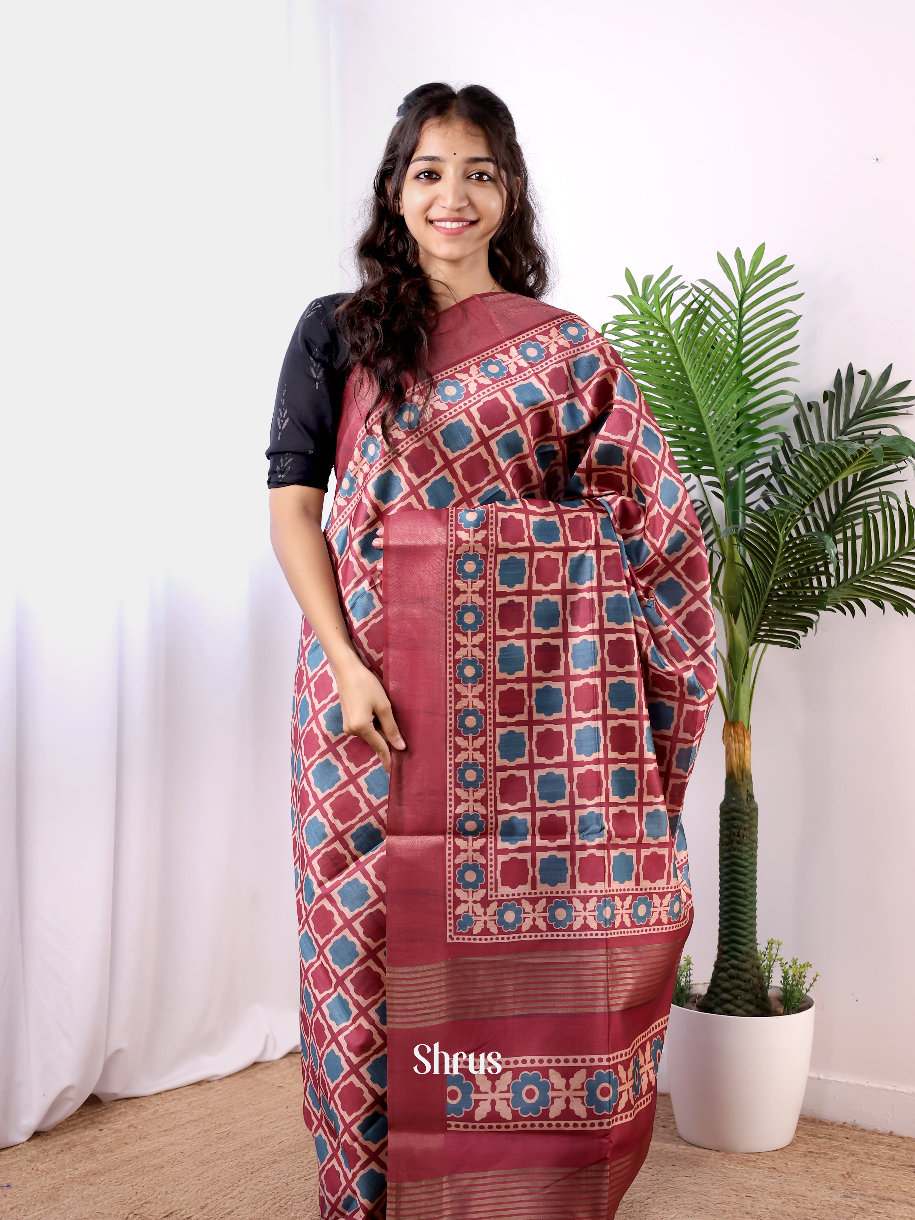 Maroon & Blue - Champa semitussar Saree - Shop on Shrus.com