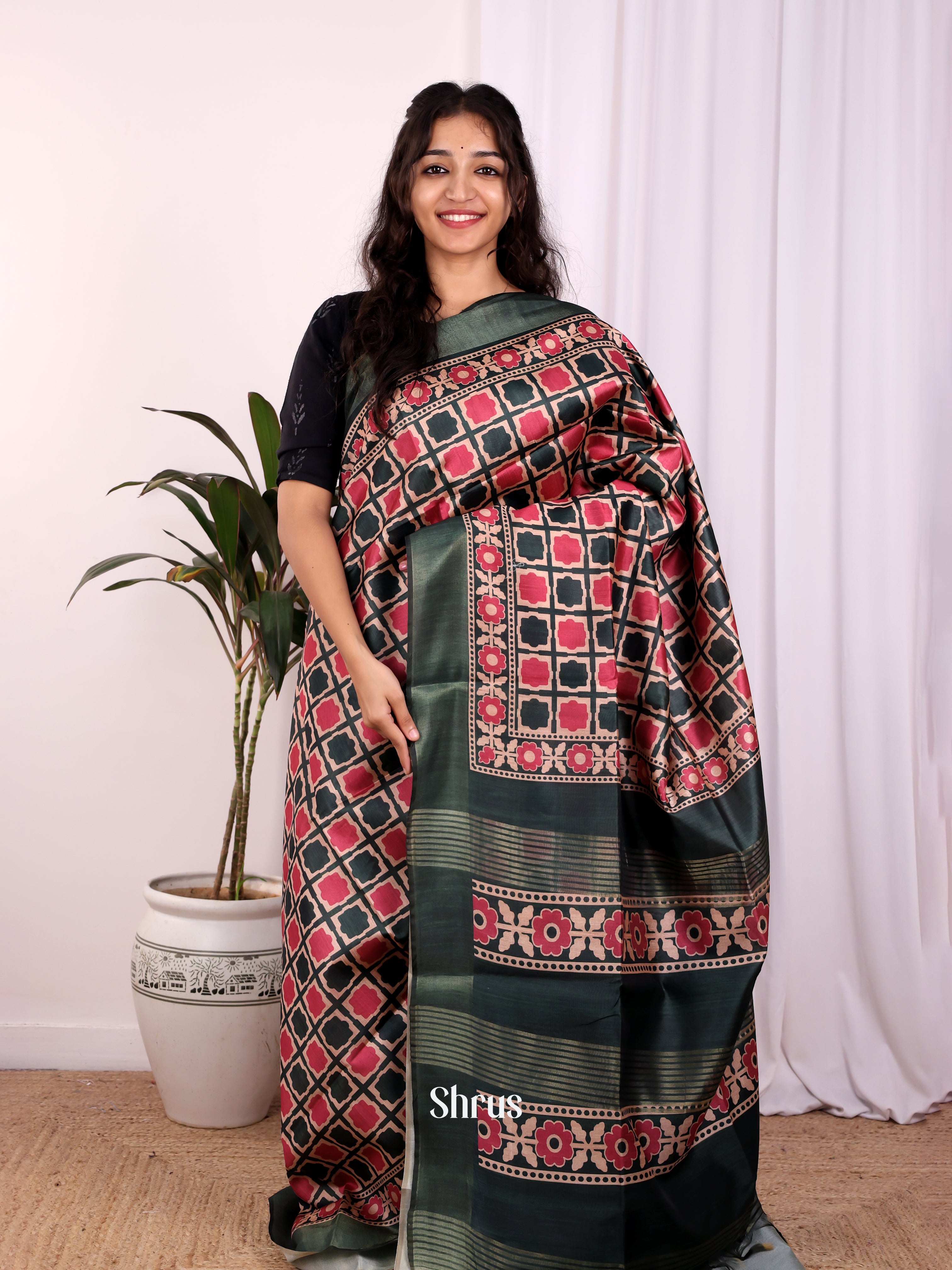 Green & Maroon- Champa semitussar Saree - Shop on Shrus.com