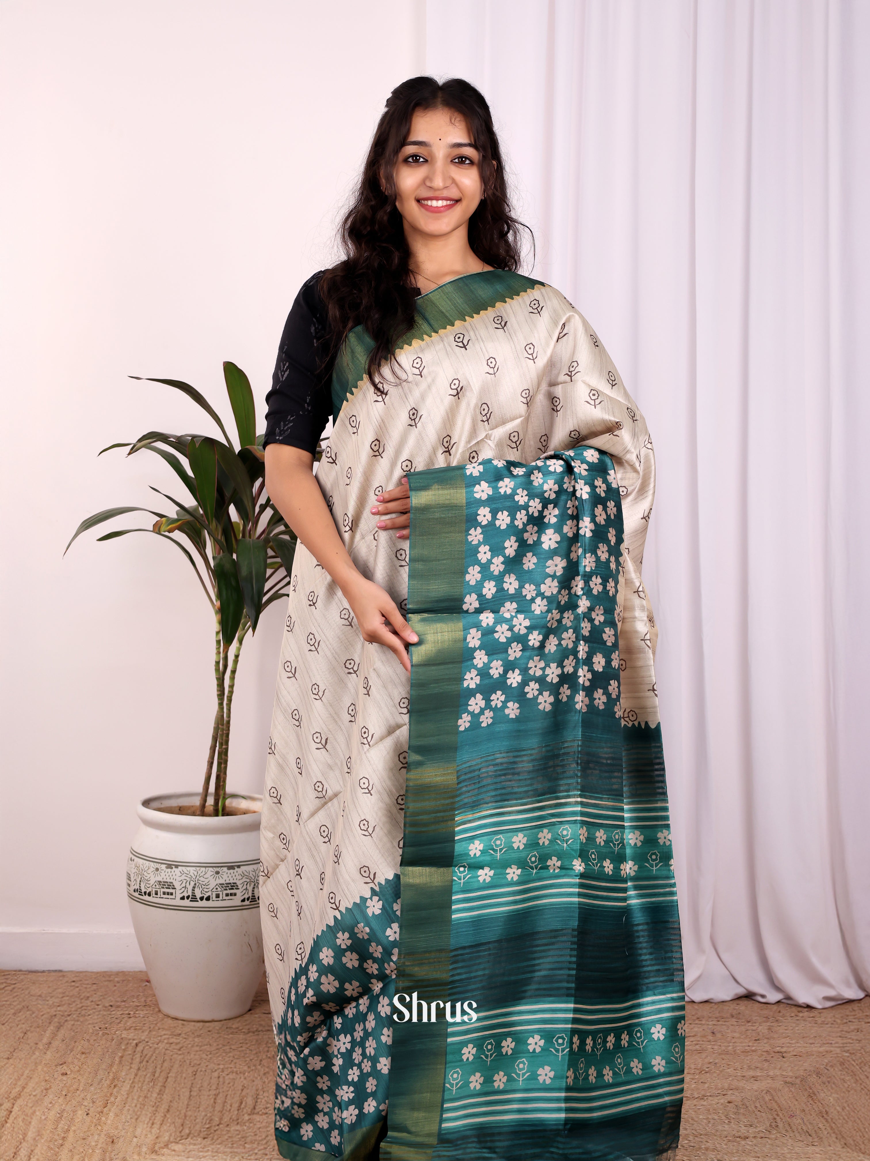 Cream & Green - Champa semitussar Saree - Shop on Shrus.com