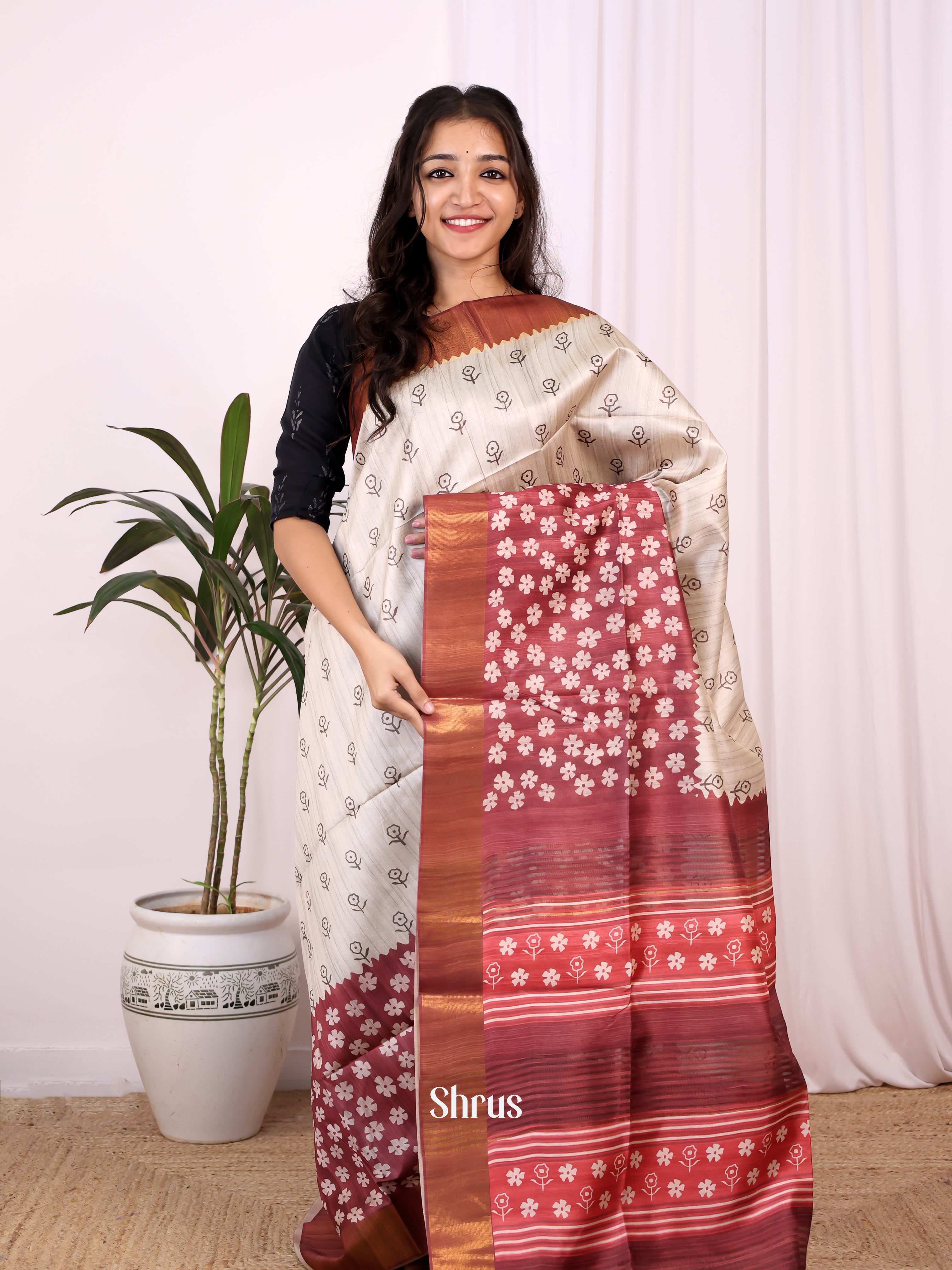 Cream & Brown- Champa semitussar Saree - Shop on Shrus.com