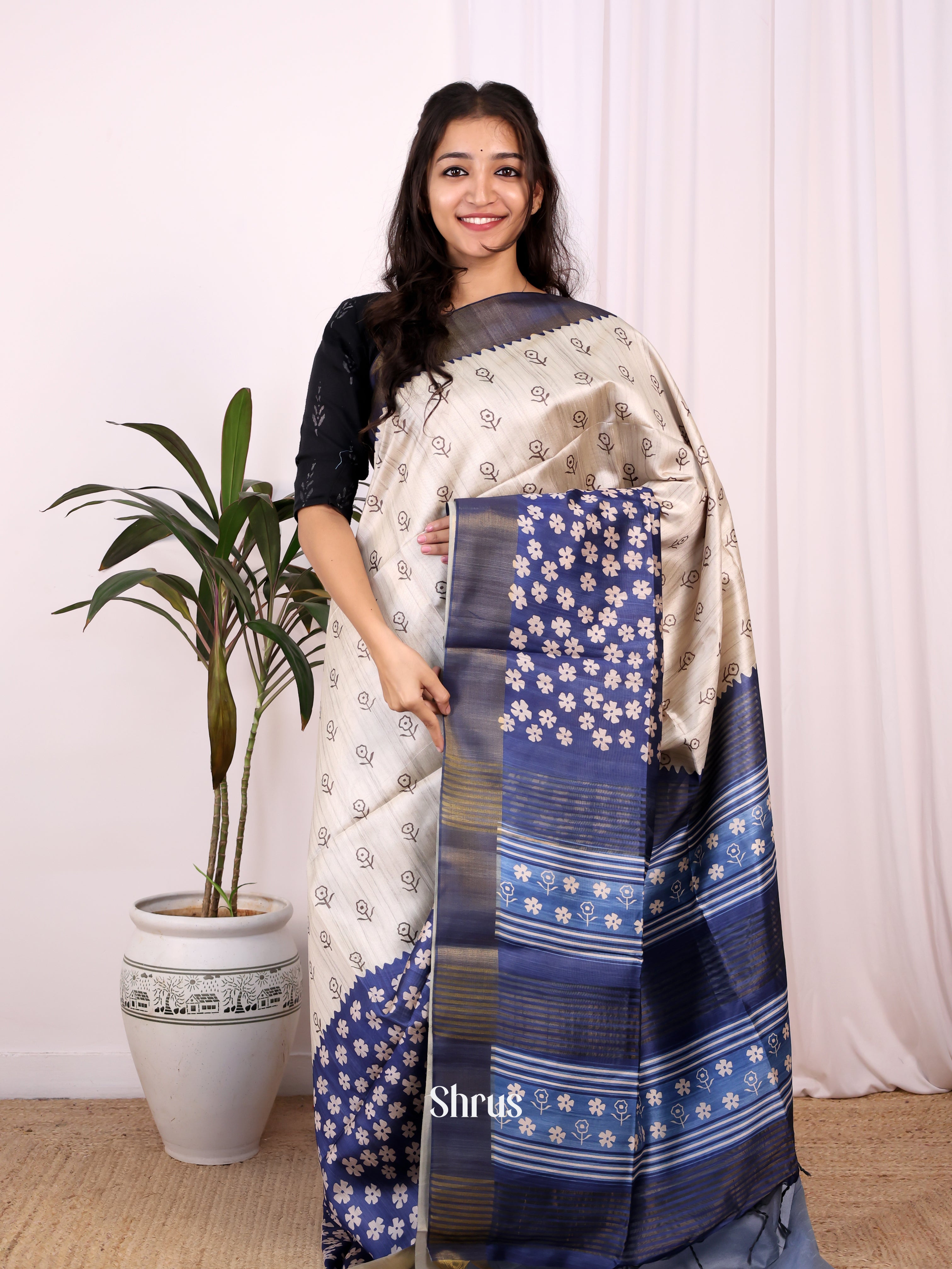 Cream & Blue - Champa semitussar Saree - Shop on Shrus.com