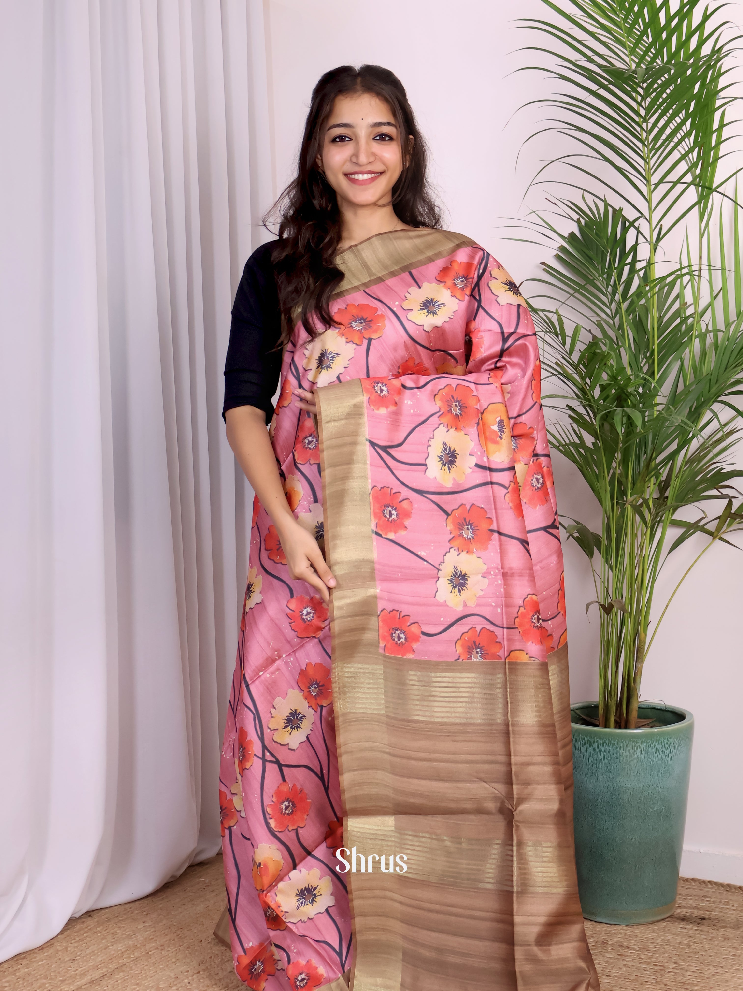 Pink & Brown - Champa semitussar Saree - Shop on Shrus.com