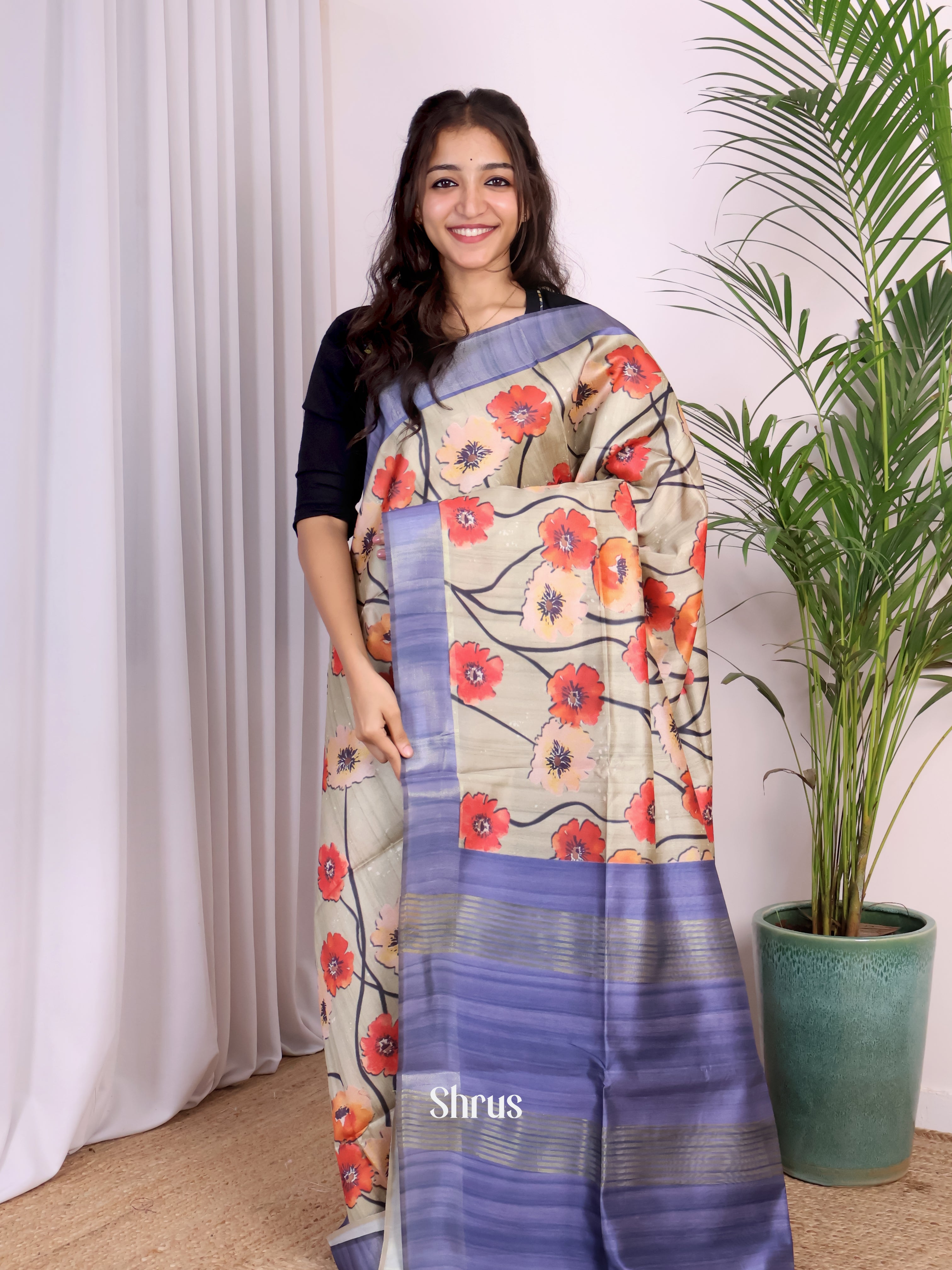 Grey & Purple- Champa semitussar Saree - Shop on Shrus.com