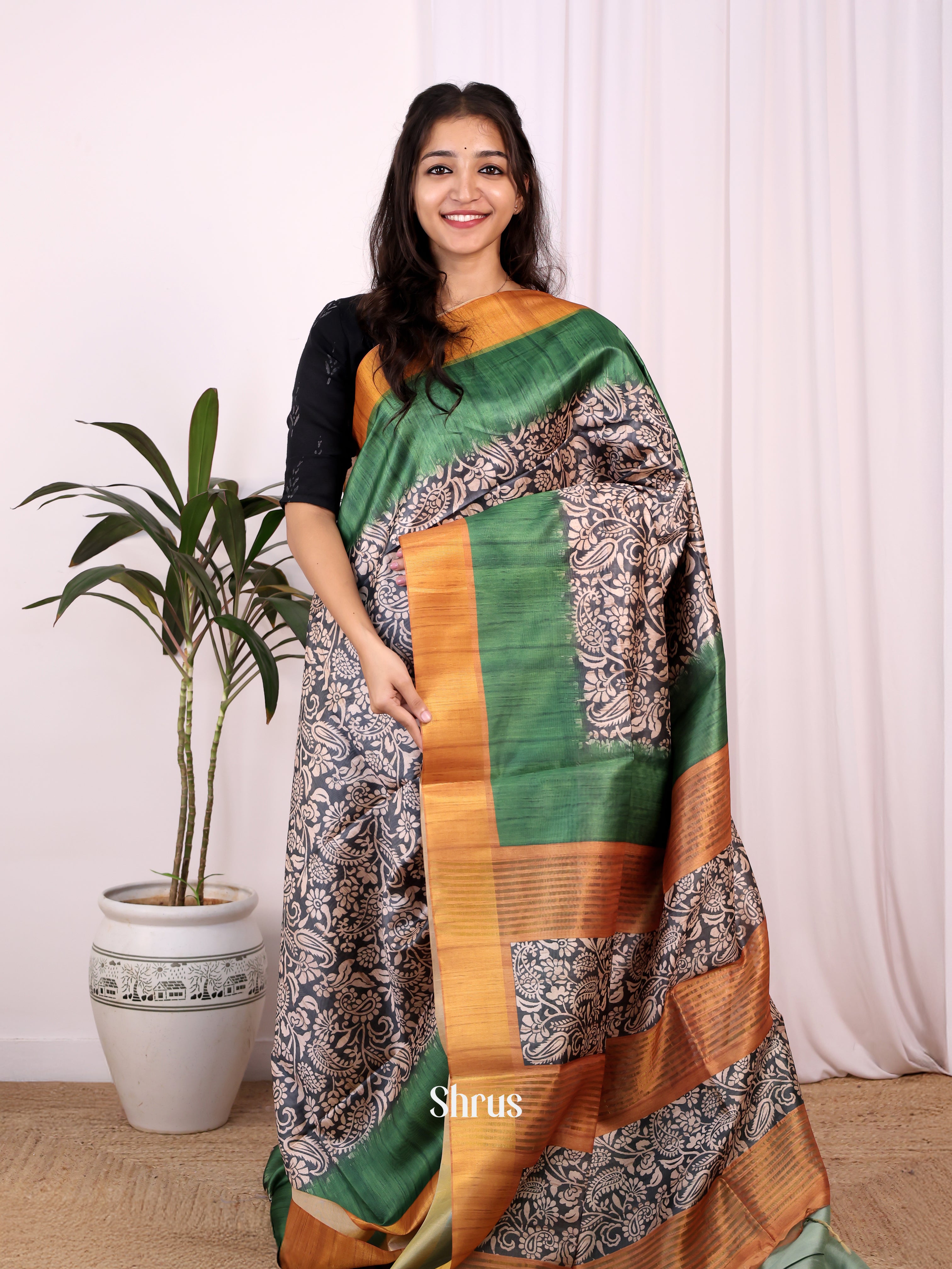 Black & Green- Champa semitussar Saree - Shop on Shrus.com