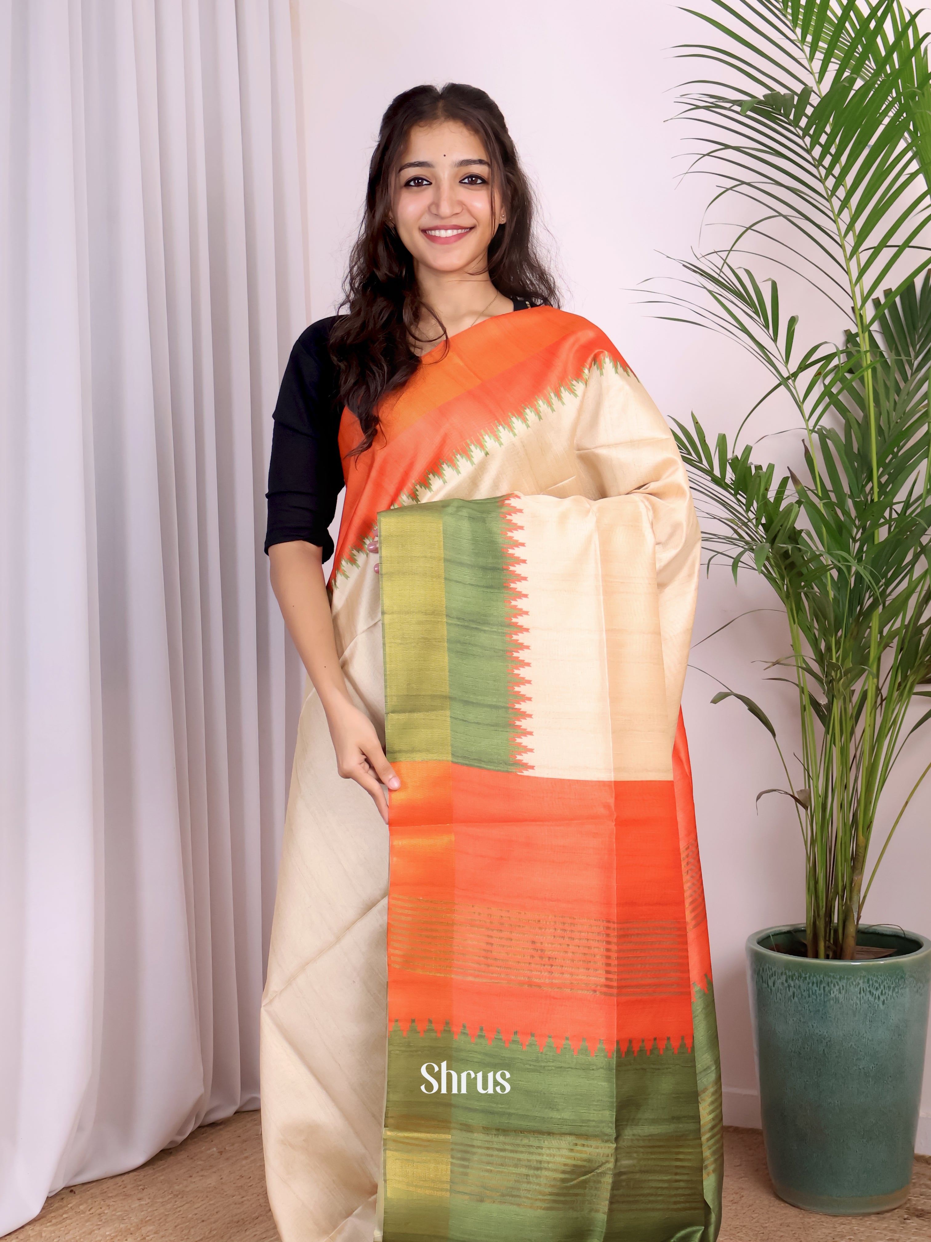Cream & Green- Champa semitussar Saree - Shop on Shrus.com