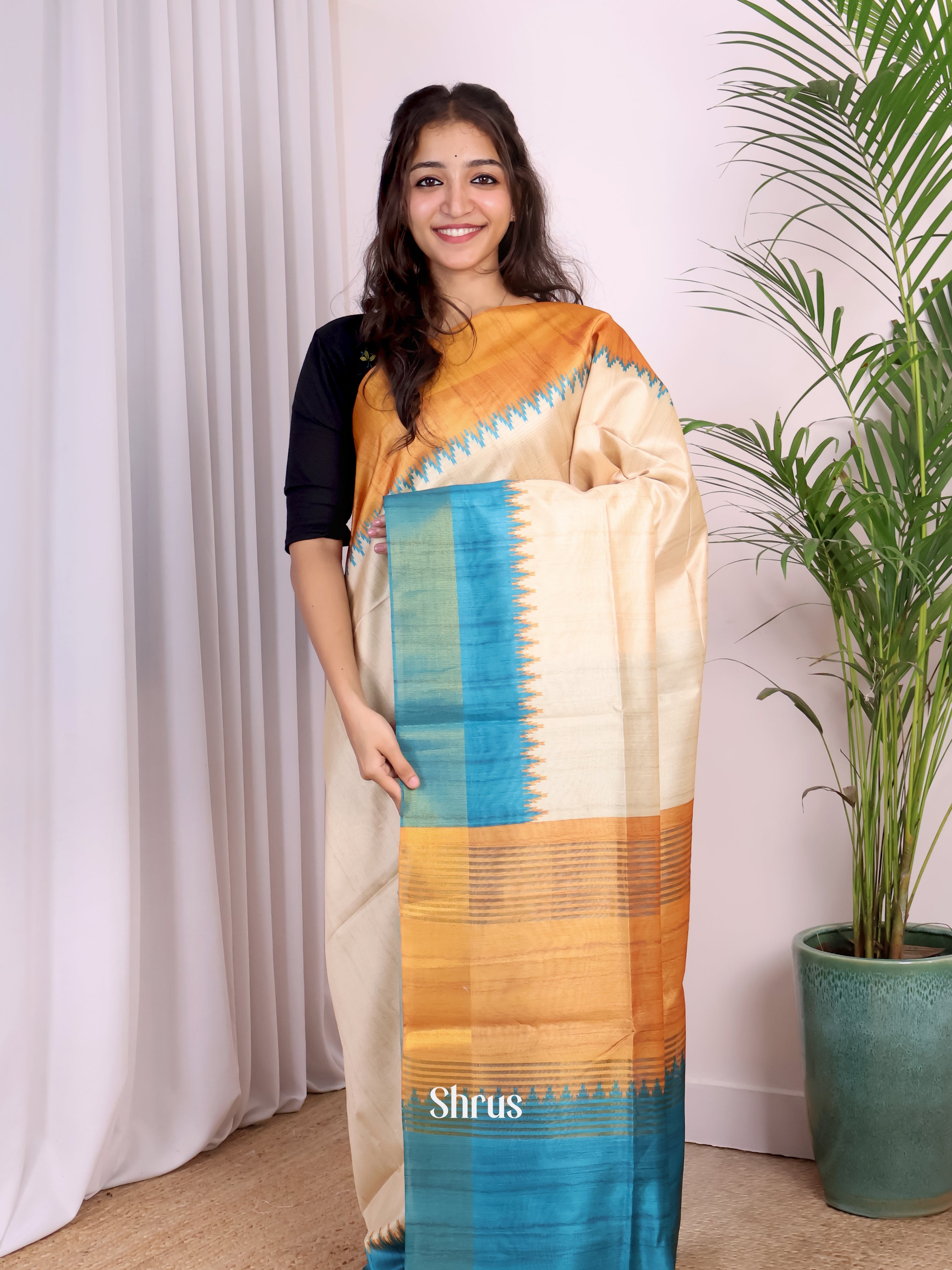 Cream & Teal - Champa semitussar Saree - Shop on Shrus.com
