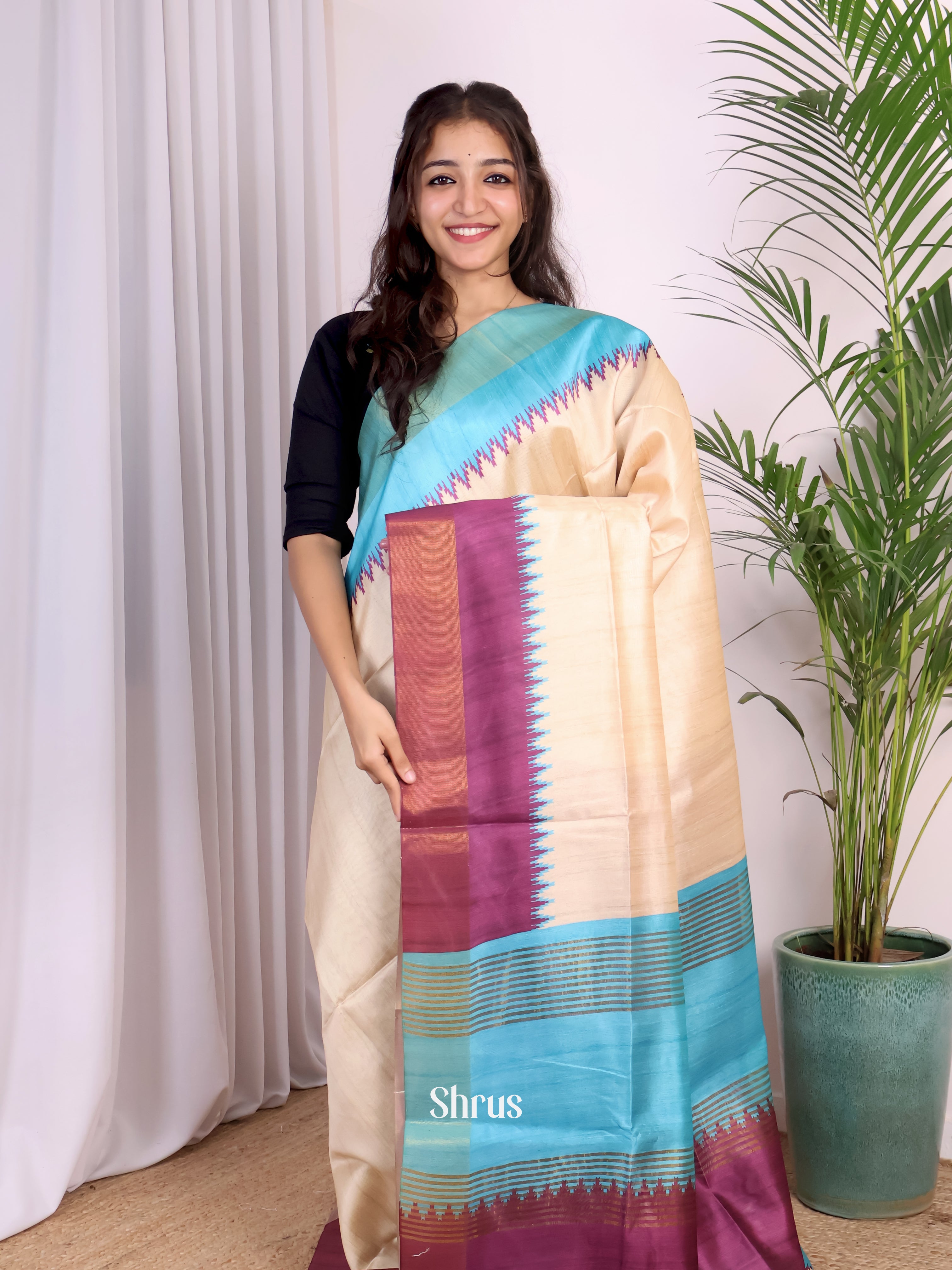 Cream & Pink - Champa semitussar Saree - Shop on Shrus.com