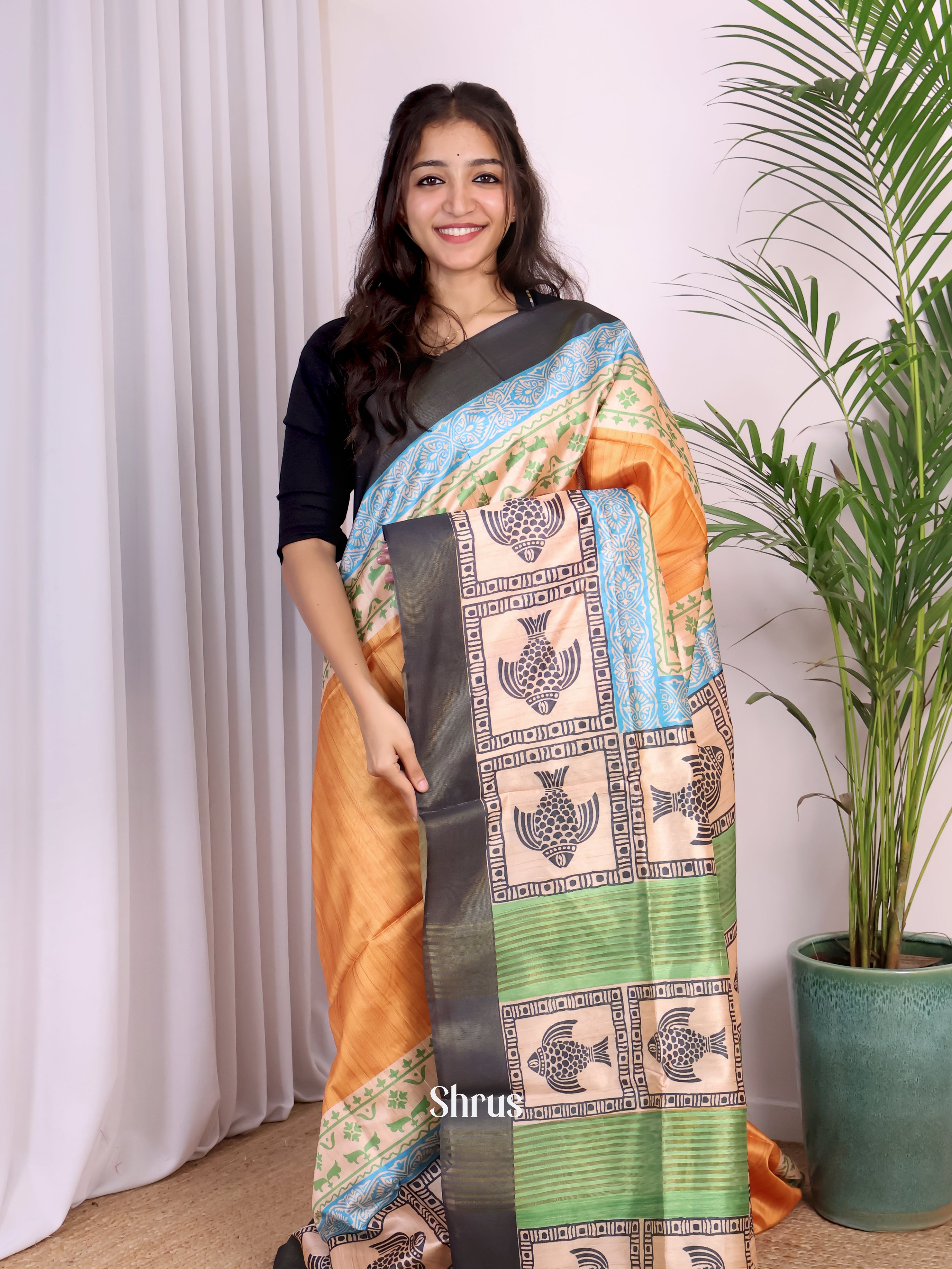 Mustard & Black - Champa semitussar Saree - Shop on Shrus.com